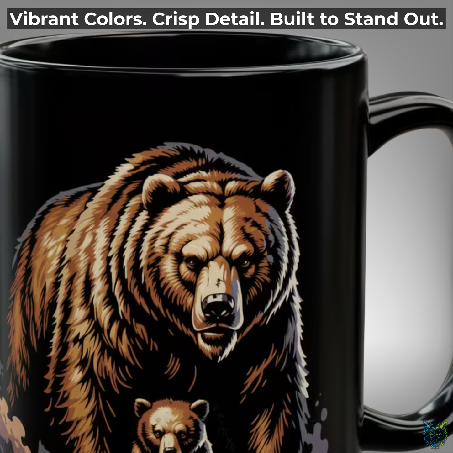 Bear Coffee Mug Mama Bear Cub Black Ceramic 15oz Wildlife Nature Cup Gift by Lair Gadgets