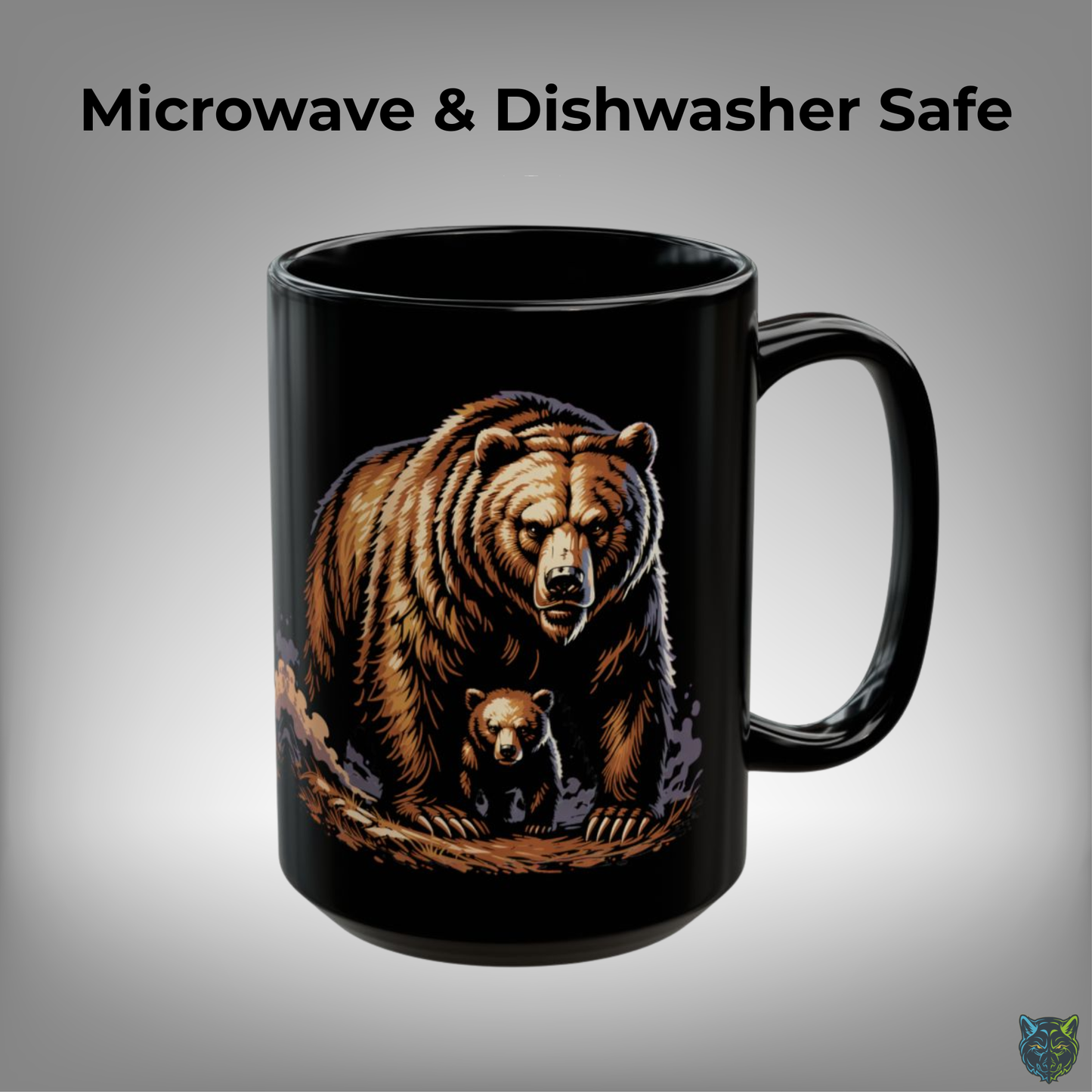 Bear Coffee Mug Mama Bear Cub Black Ceramic 15oz Wildlife Nature Cup Gift by Lair Gadgets