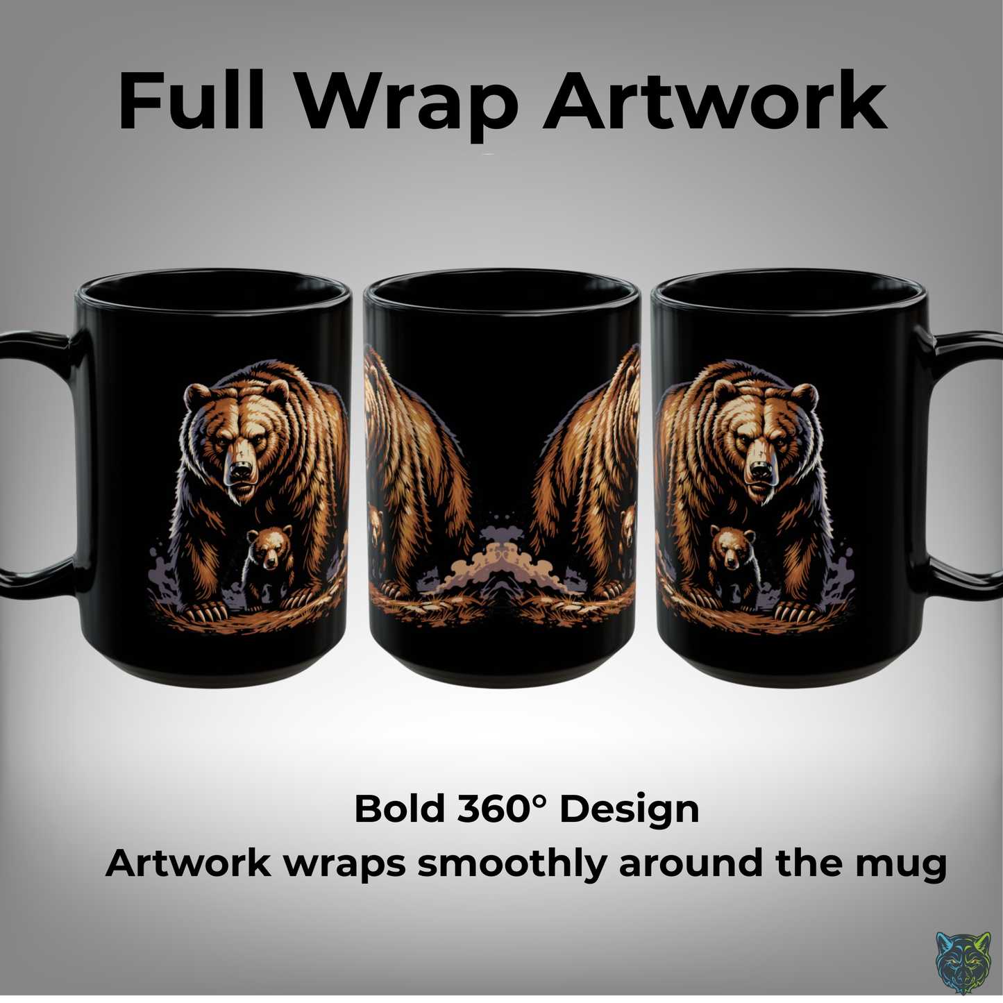 Bear Coffee Mug Mama Bear Cub Black Ceramic 15oz Wildlife Nature Cup Gift by Lair Gadgets