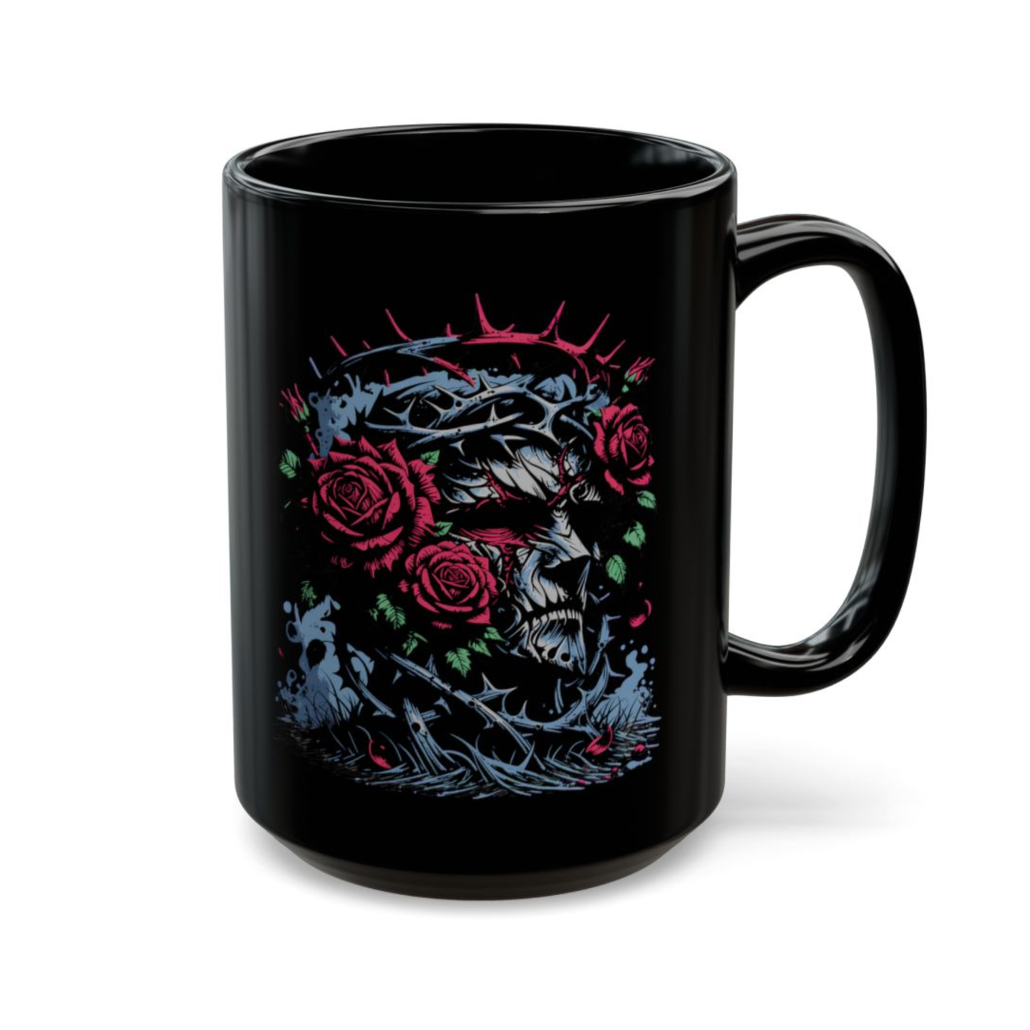 Skull Coffee Mug Gothic Rose Thorn Crown Black Ceramic 15oz Dark Aesthetic Cup Gift by Lair Gadgets