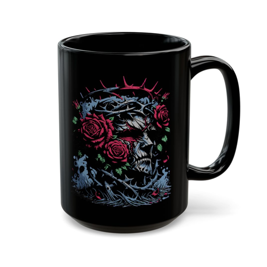 Skull Coffee Mug Gothic Rose Thorn Crown Black Ceramic 15oz Dark Aesthetic Cup Gift by Lair Gadgets