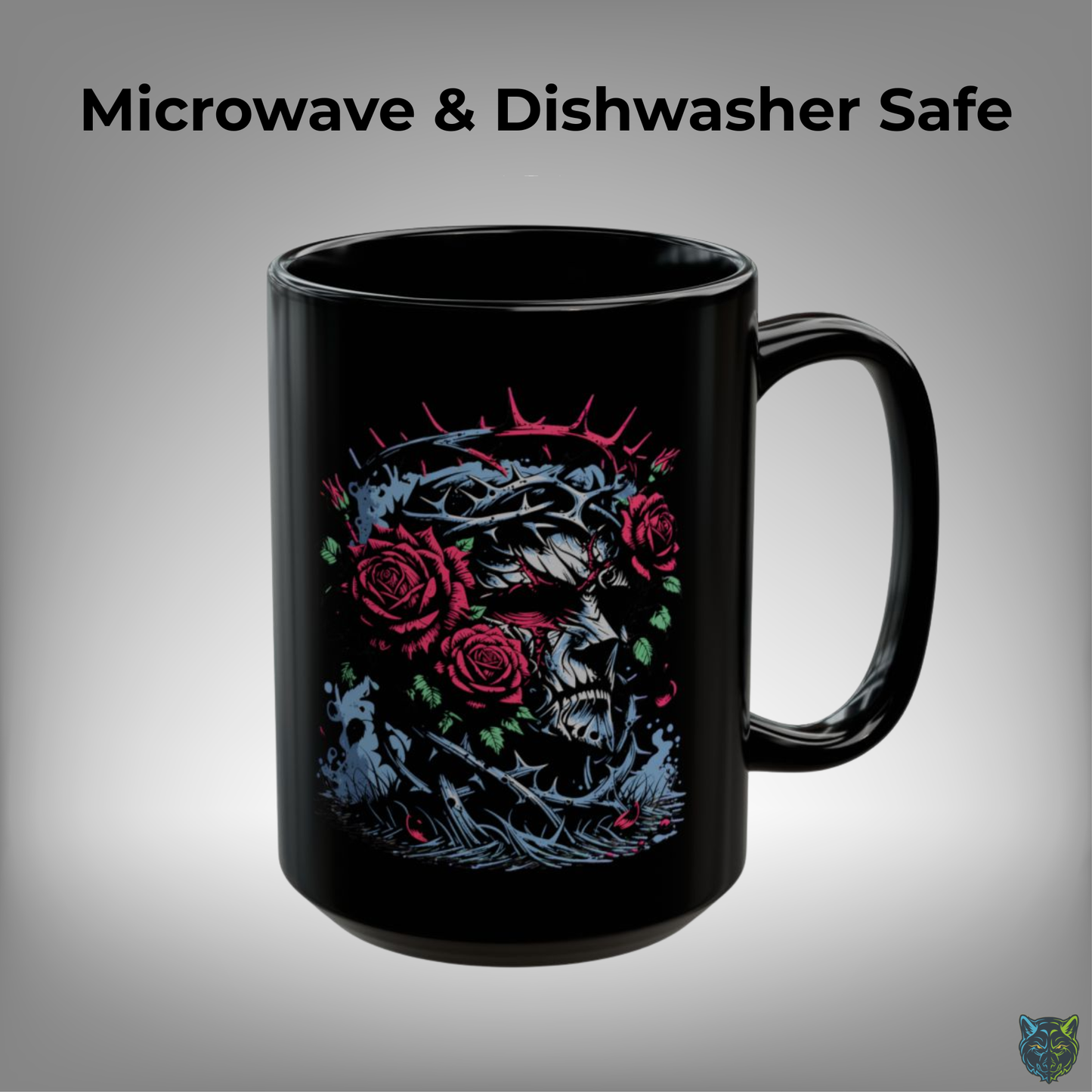 Skull Coffee Mug Gothic Rose Thorn Crown Black Ceramic 15oz Dark Aesthetic Cup Gift by Lair Gadgets