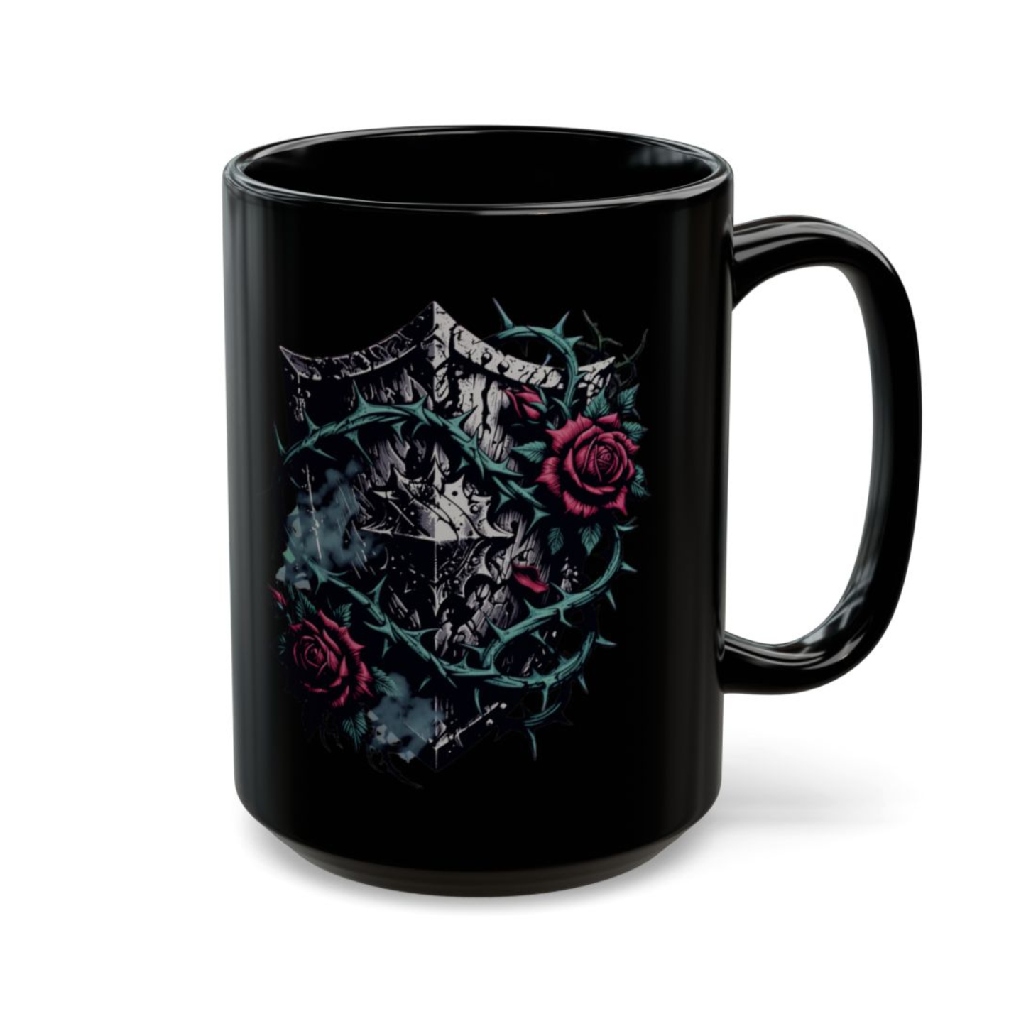 Gothic Coffee Mug Thorn Rose Shield Black Ceramic 15oz Medieval Dark Aesthetic Cup Gift by Lair Gadgets