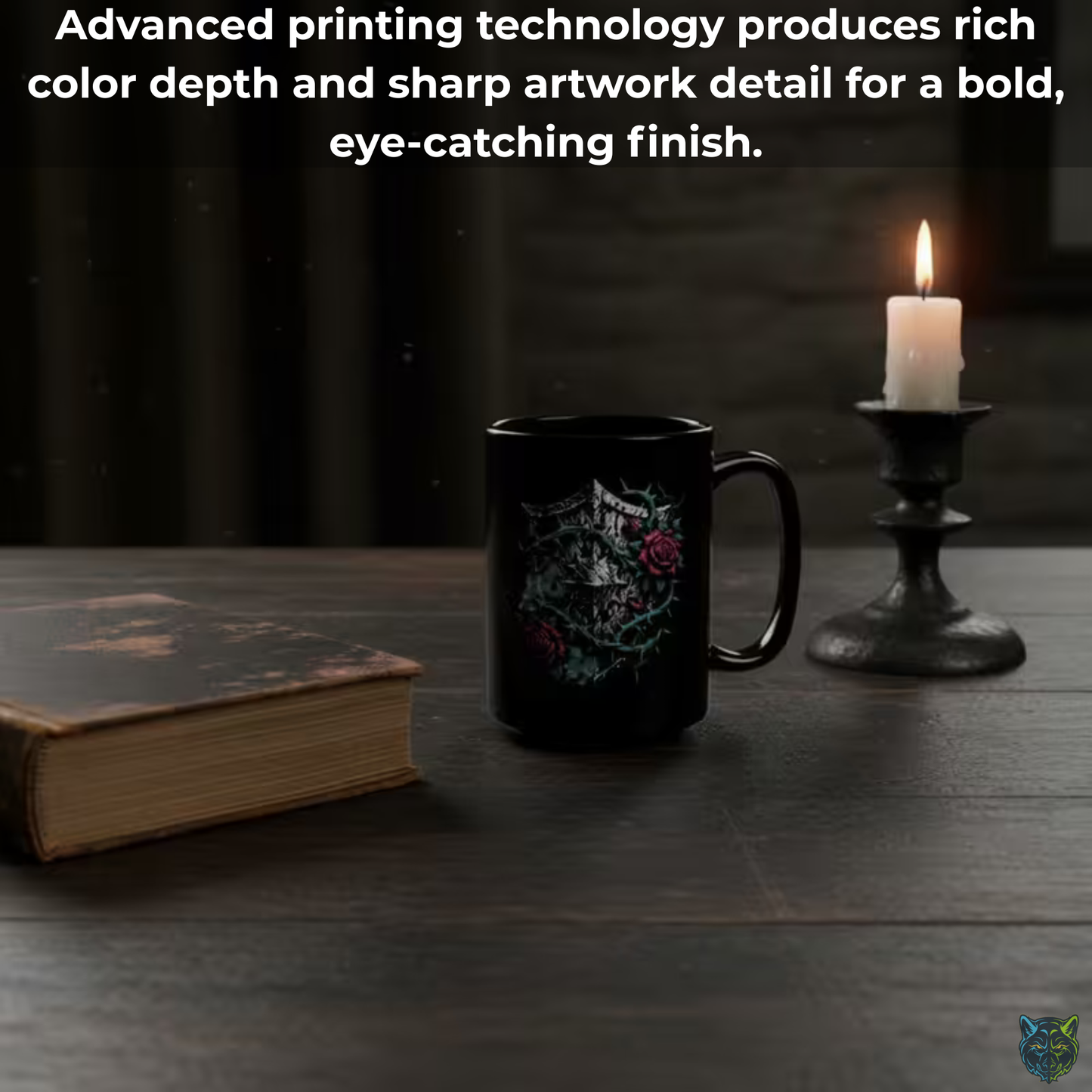 Gothic Coffee Mug Thorn Rose Shield Black Ceramic 15oz Medieval Dark Aesthetic Cup Gift by Lair Gadgets
