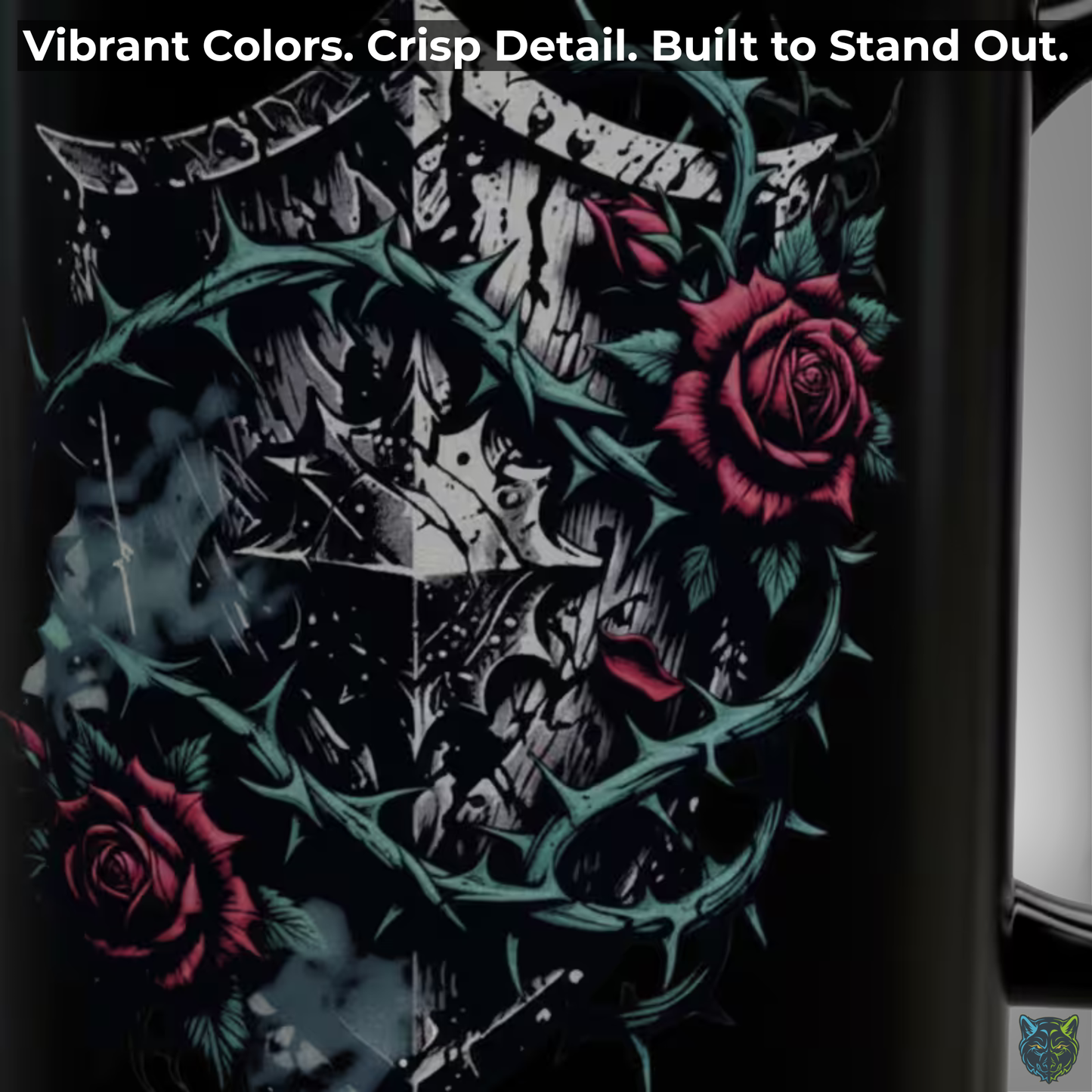 Gothic Coffee Mug Thorn Rose Shield Black Ceramic 15oz Medieval Dark Aesthetic Cup Gift by Lair Gadgets