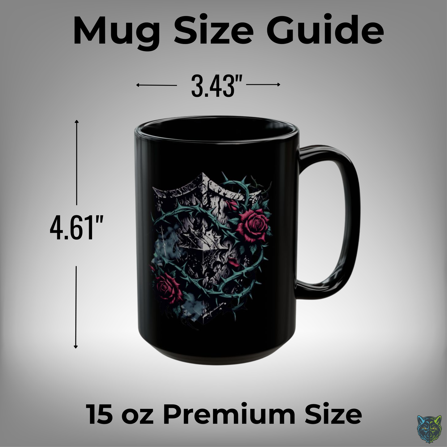 Gothic Coffee Mug Thorn Rose Shield Black Ceramic 15oz Medieval Dark Aesthetic Cup Gift by Lair Gadgets