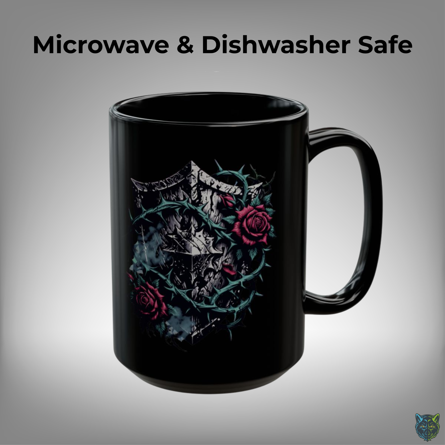 Gothic Coffee Mug Thorn Rose Shield Black Ceramic 15oz Medieval Dark Aesthetic Cup Gift by Lair Gadgets