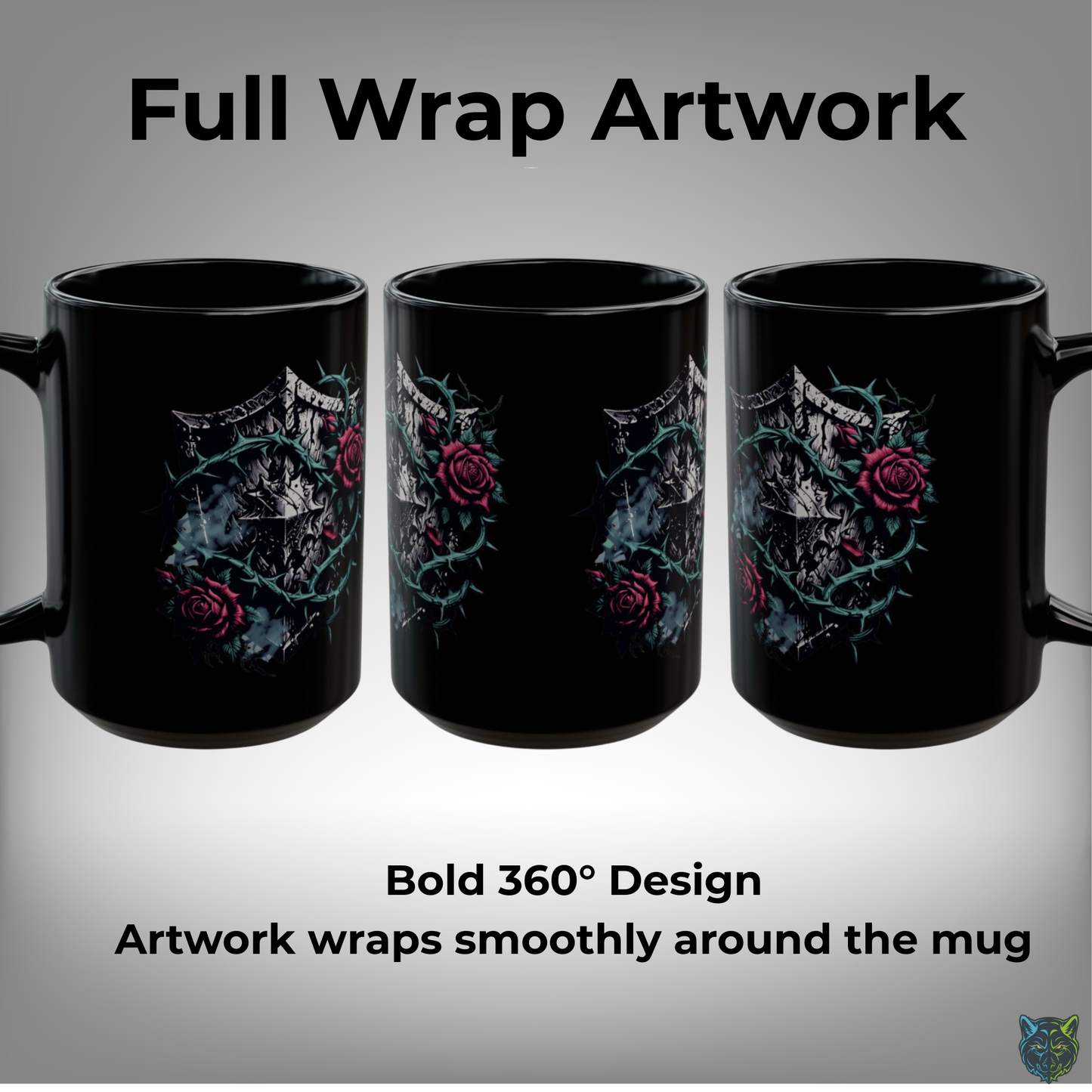 Gothic Coffee Mug Thorn Rose Shield Black Ceramic 15oz Medieval Dark Aesthetic Cup Gift by Lair Gadgets