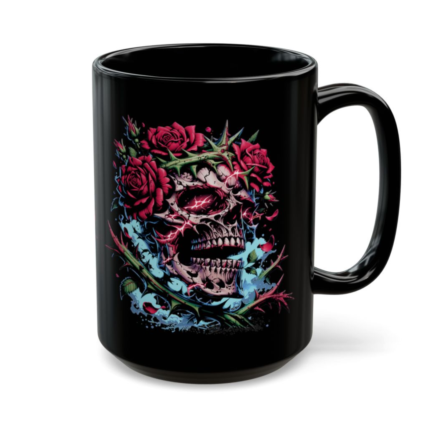 Skull Coffee Mug Lightning Rose Thorn Crown Black Ceramic 15oz Gothic Dark Aesthetic Cup Gift by Lair Gadgets