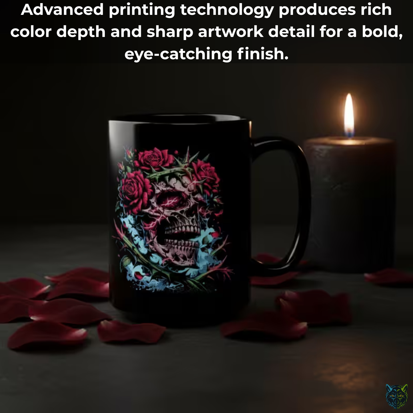 Skull Coffee Mug Lightning Rose Thorn Crown Black Ceramic 15oz Gothic Dark Aesthetic Cup Gift by Lair Gadgets