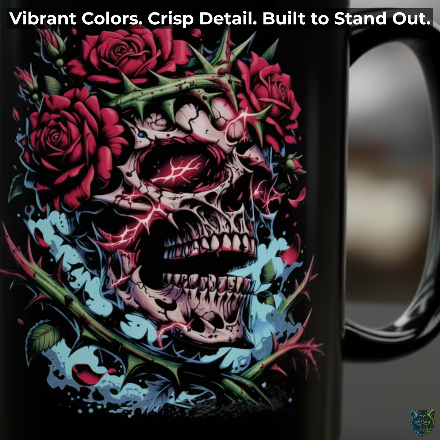 Skull Coffee Mug Lightning Rose Thorn Crown Black Ceramic 15oz Gothic Dark Aesthetic Cup Gift by Lair Gadgets