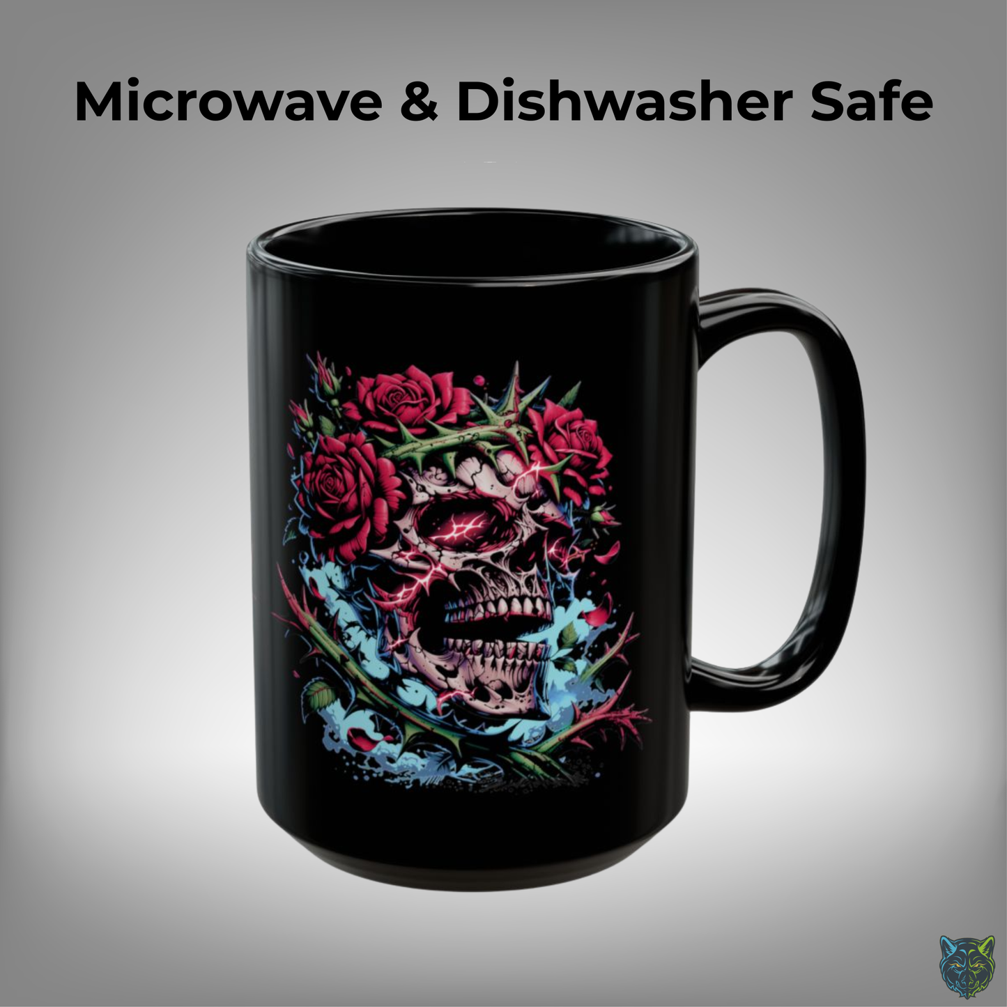 Skull Coffee Mug Lightning Rose Thorn Crown Black Ceramic 15oz Gothic Dark Aesthetic Cup Gift by Lair Gadgets