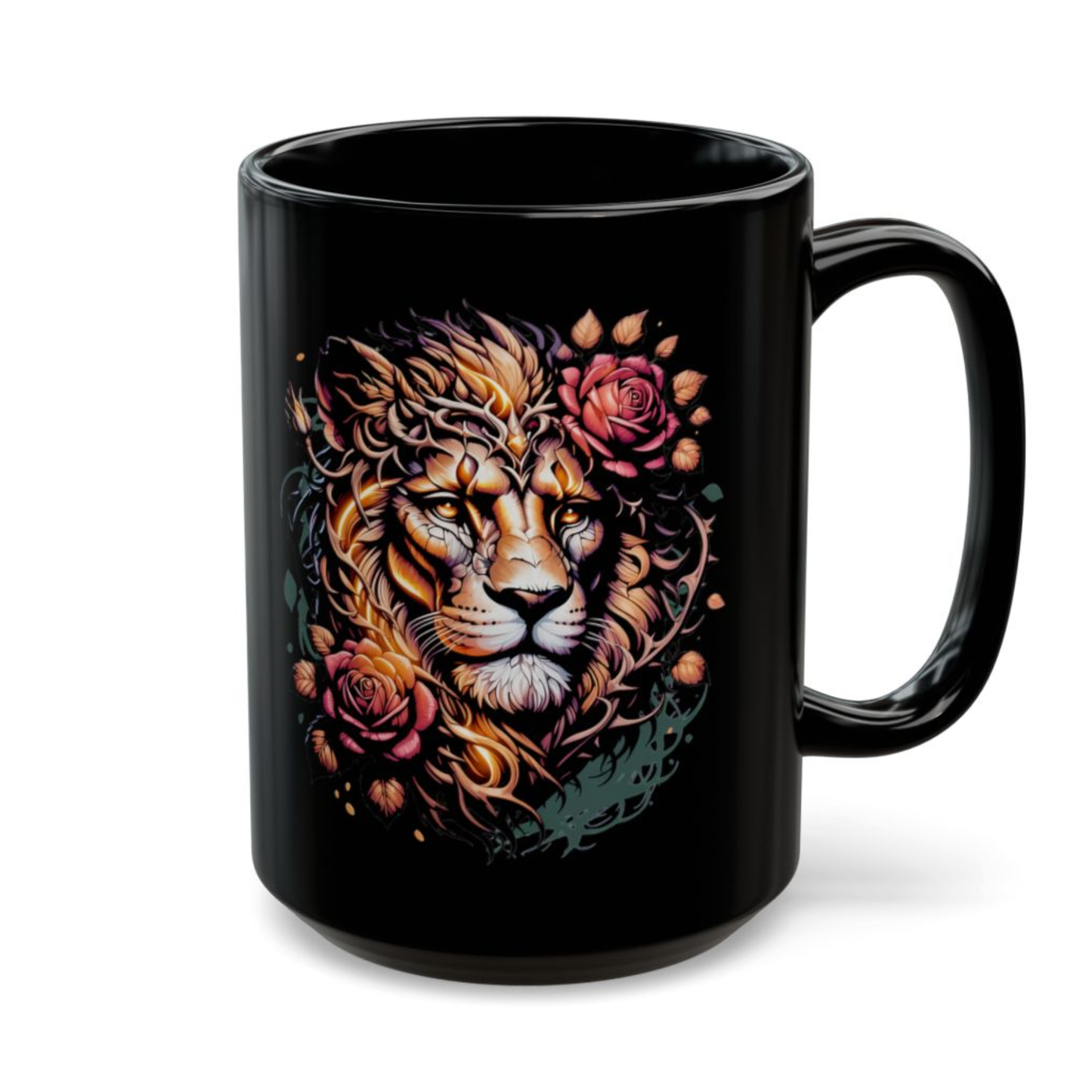 Lion Coffee Mug Floral Lion Head Black Ceramic 15oz Wildlife Strength Cup Gift by Lair Gadgets