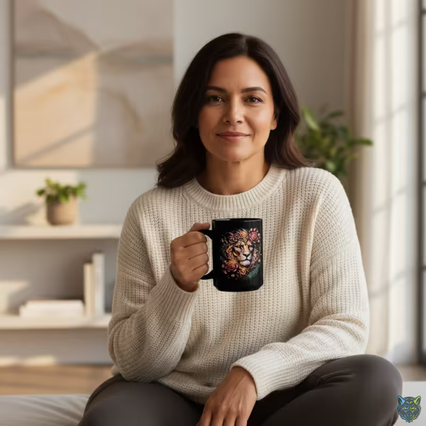 Lion Coffee Mug Floral Lion Head Black Ceramic 15oz Wildlife Strength Cup Gift by Lair Gadgets