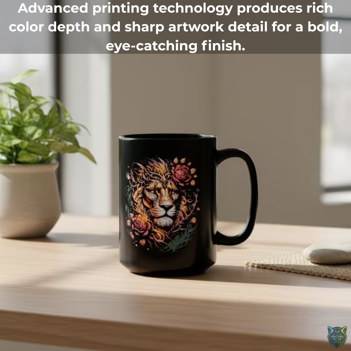 Lion Coffee Mug Floral Lion Head Black Ceramic 15oz Wildlife Strength Cup Gift by Lair Gadgets