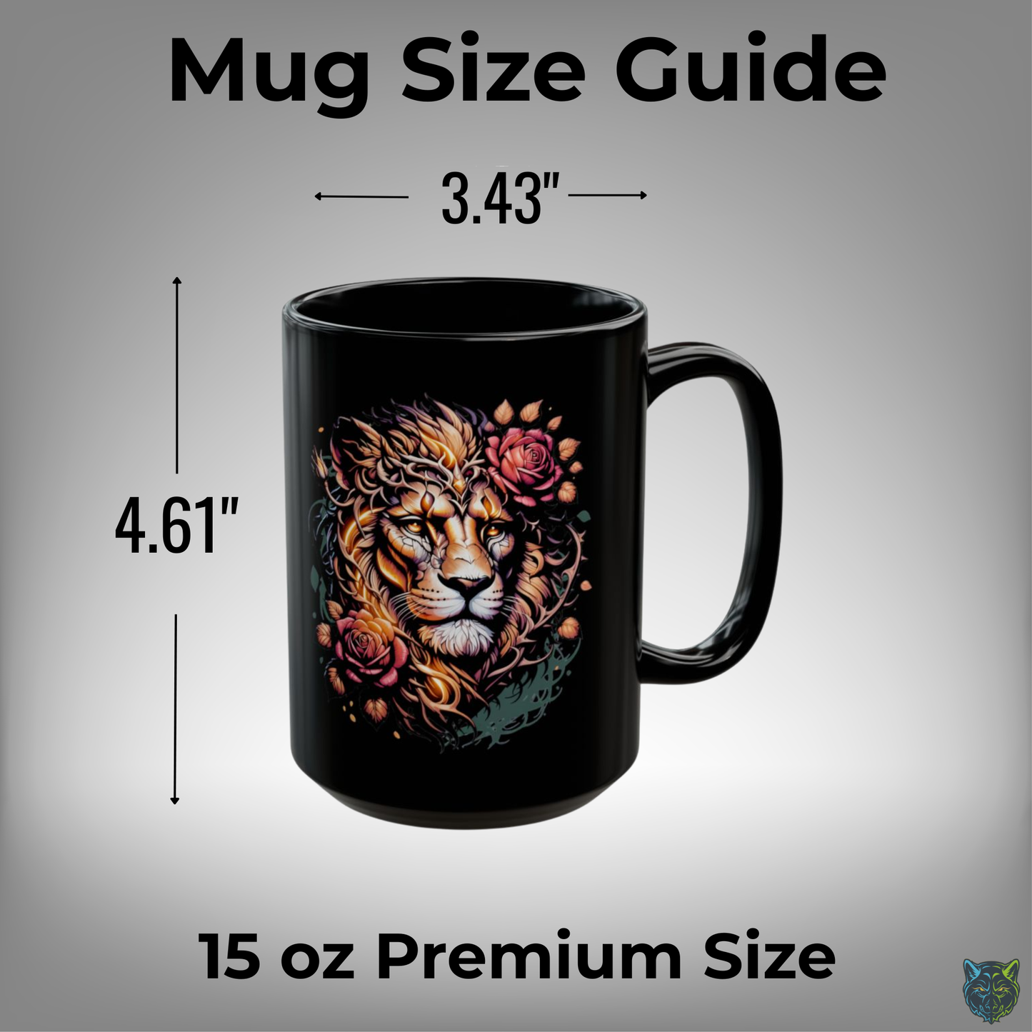 Lion Coffee Mug Floral Lion Head Black Ceramic 15oz Wildlife Strength Cup Gift by Lair Gadgets