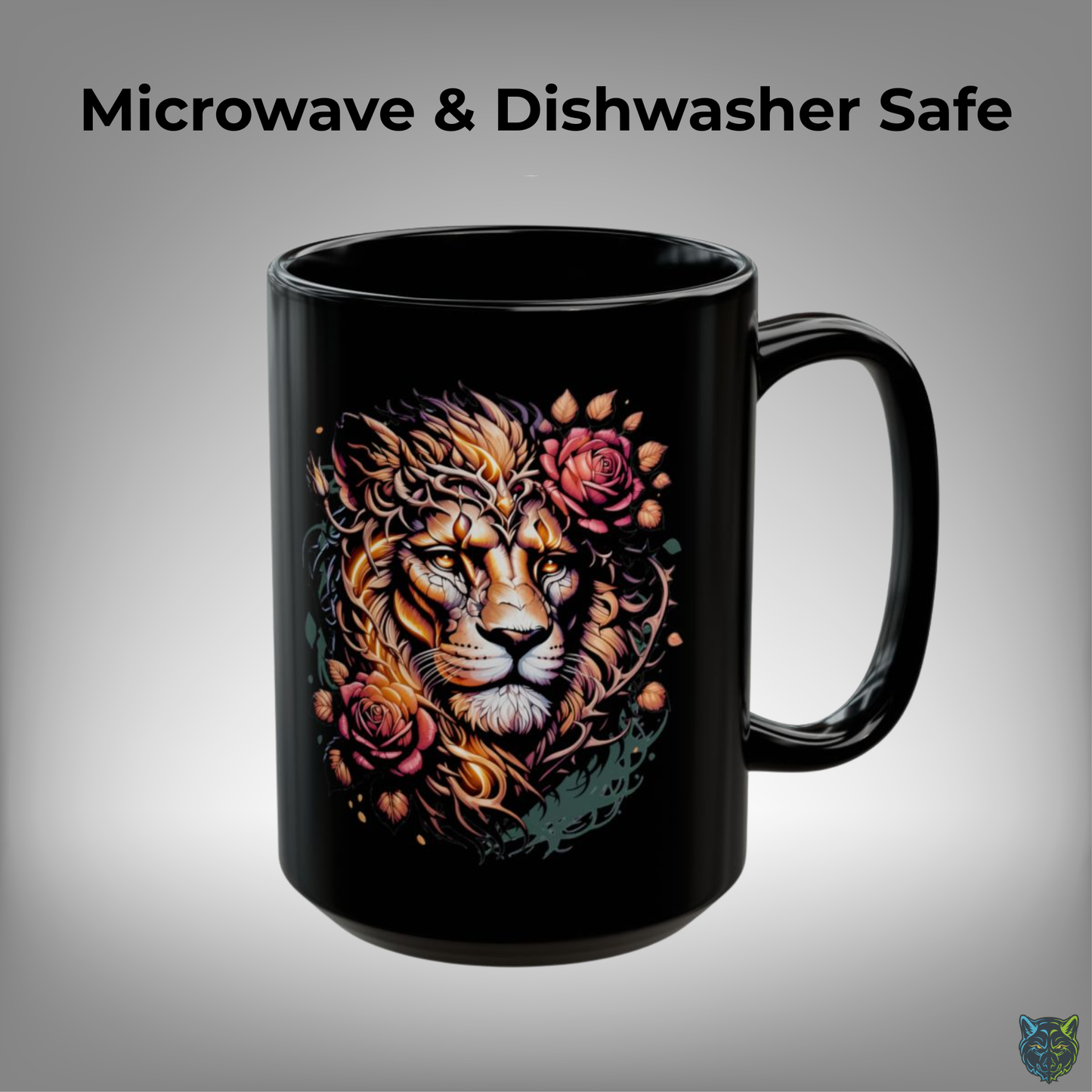 Lion Coffee Mug Floral Lion Head Black Ceramic 15oz Wildlife Strength Cup Gift by Lair Gadgets
