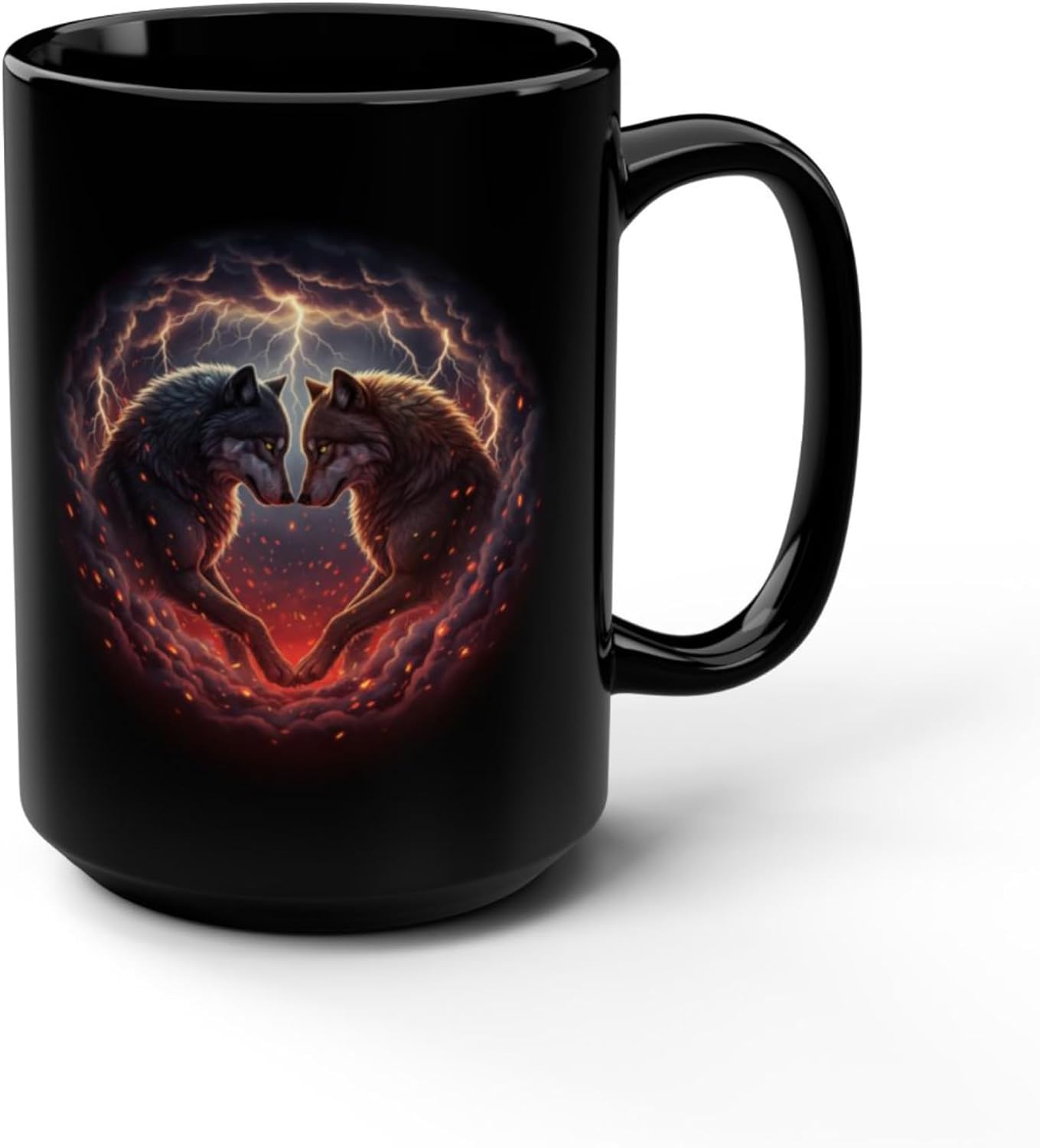 Wolf Couple Coffee Mug with Heart Design, 15 oz Black Ceramic Coffee Mug, Fantasy Wolf Art Mug for Couples & Valentine Gifts — Eternal Bond Wolves