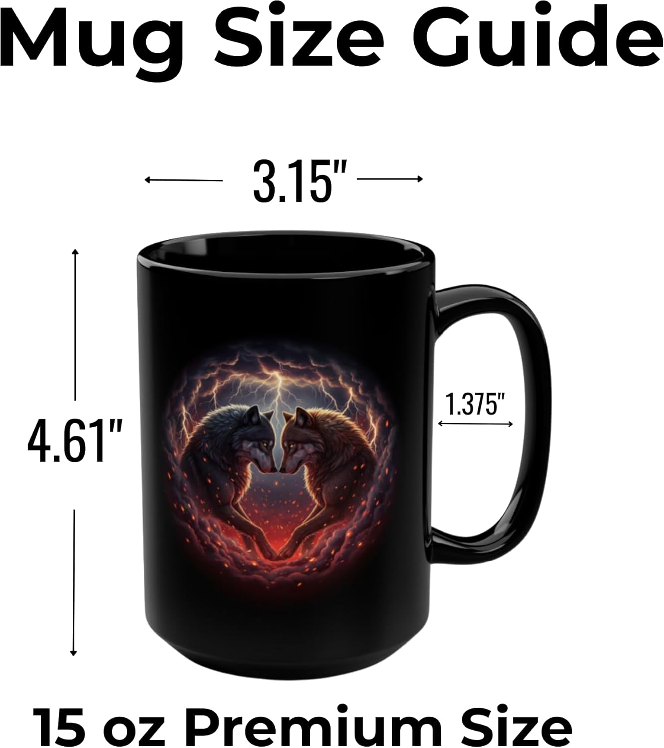 Wolf Couple Coffee Mug with Heart Design, 15 oz Black Ceramic Coffee Mug, Fantasy Wolf Art Mug for Couples & Valentine Gifts — Eternal Bond Wolves