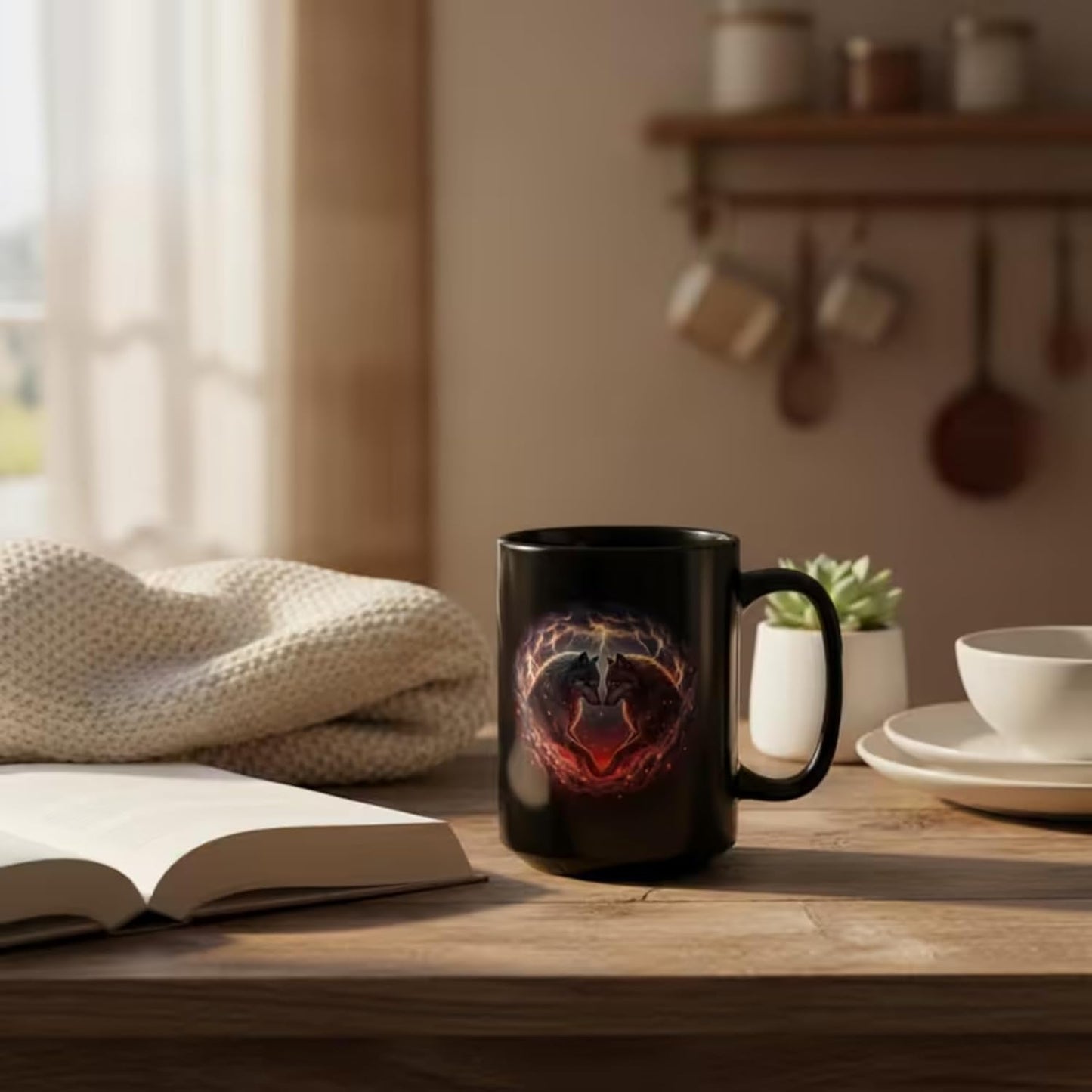 Wolf Couple Coffee Mug with Heart Design, 15 oz Black Ceramic Coffee Mug, Fantasy Wolf Art Mug for Couples & Valentine Gifts — Eternal Bond Wolves