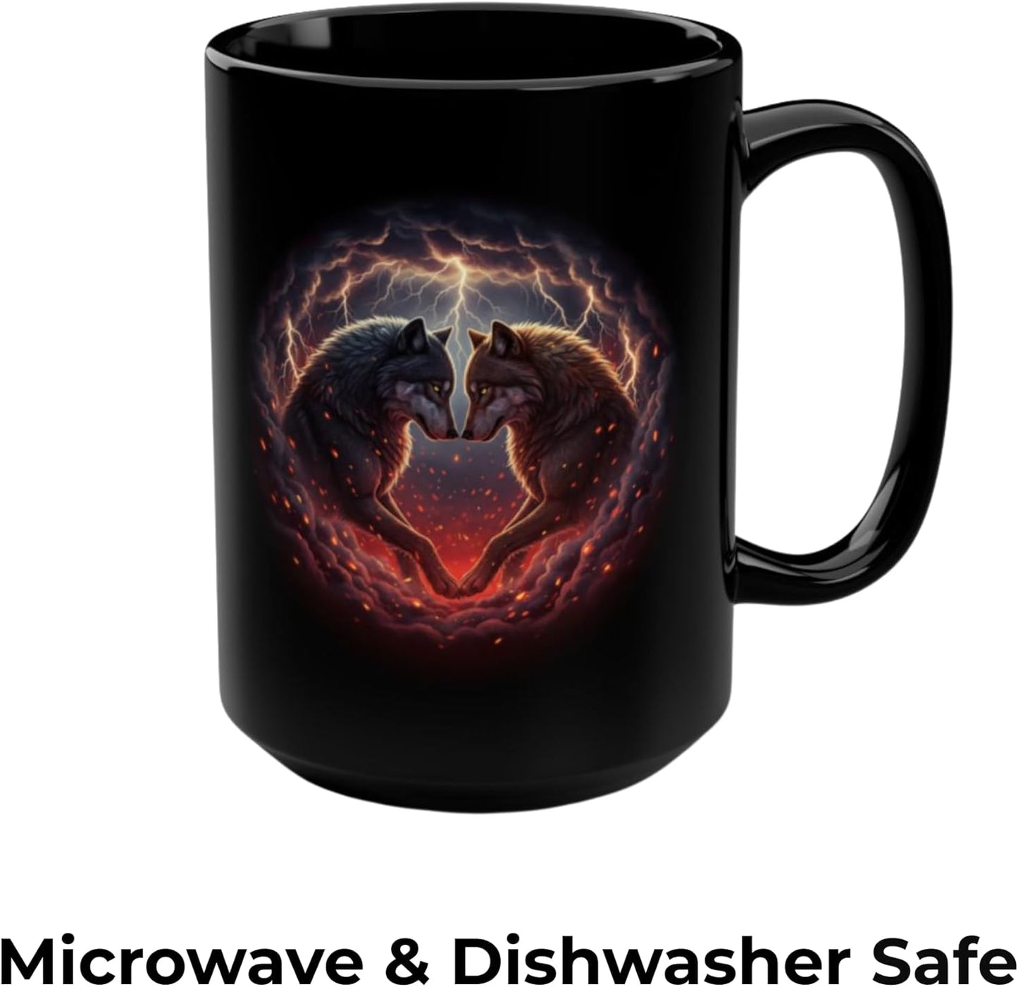 Wolf Couple Coffee Mug with Heart Design, 15 oz Black Ceramic Coffee Mug, Fantasy Wolf Art Mug for Couples & Valentine Gifts — Eternal Bond Wolves