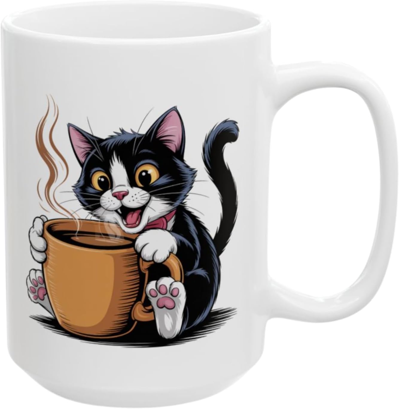 Cute Cat Coffee Mug 15oz Ceramic – Cartoon Tuxedo Kitten Design – Cat Lover Gift