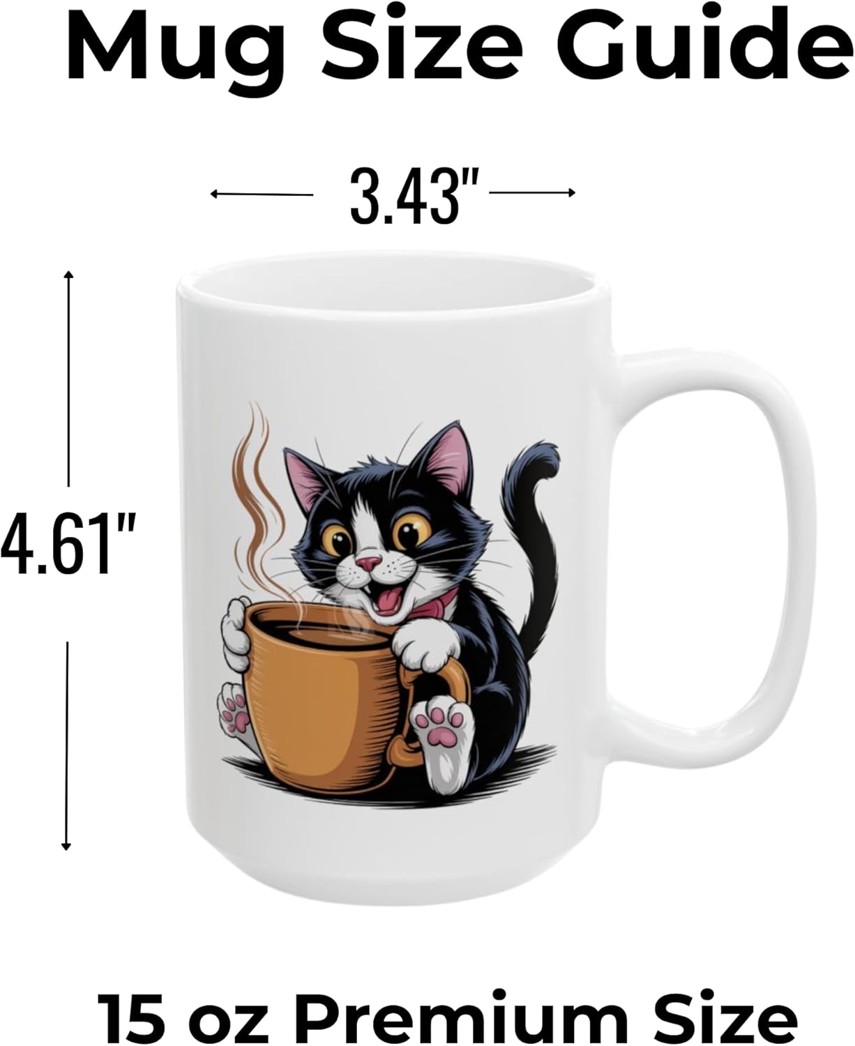 Cute Cat Coffee Mug 15oz Ceramic – Cartoon Tuxedo Kitten Design – Cat Lover Gift