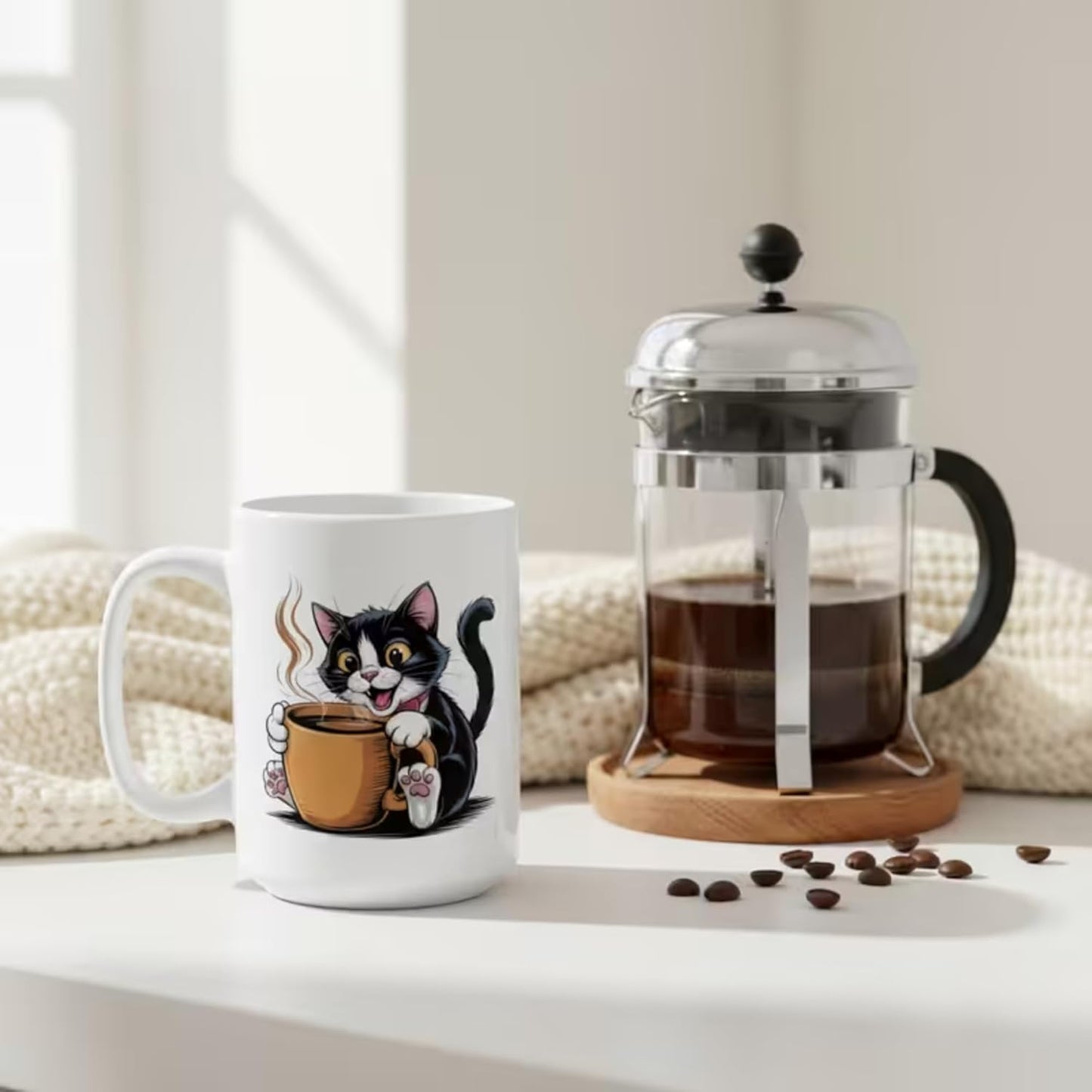 Cute Cat Coffee Mug 15oz Ceramic – Cartoon Tuxedo Kitten Design – Cat Lover Gift