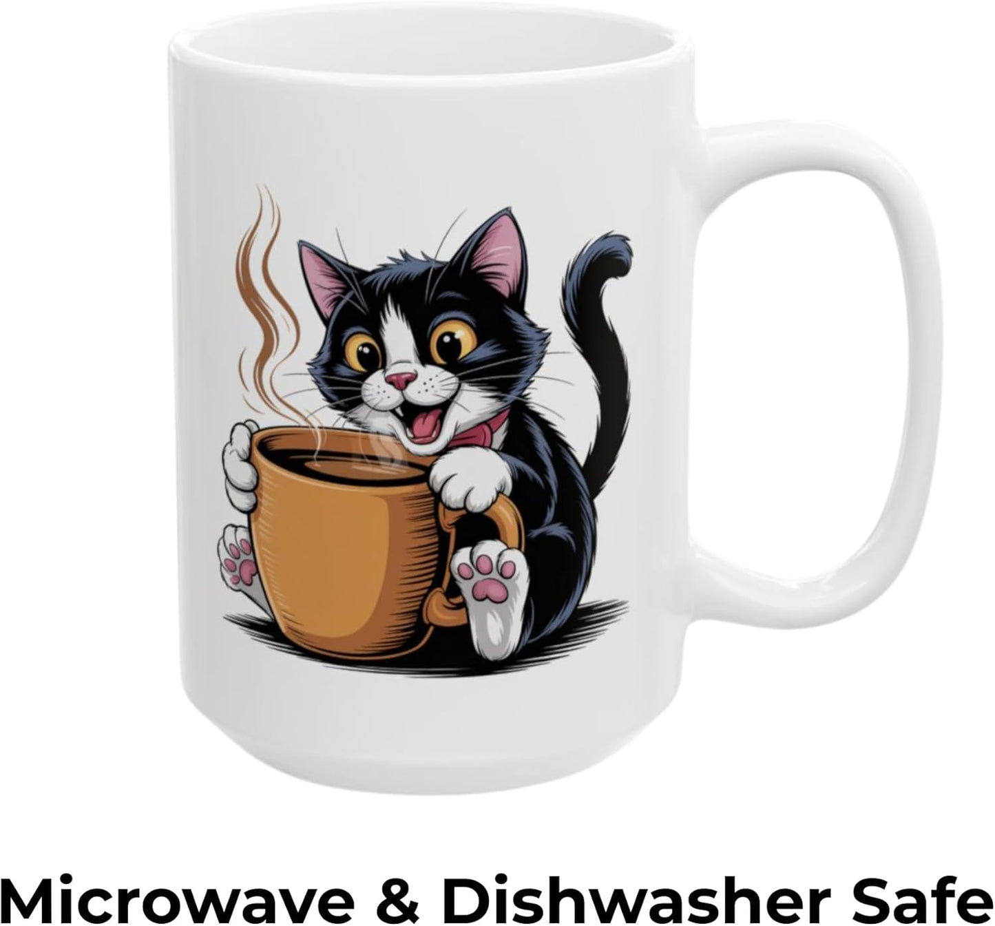 Cute Cat Coffee Mug 15oz Ceramic – Cartoon Tuxedo Kitten Design – Cat Lover Gift