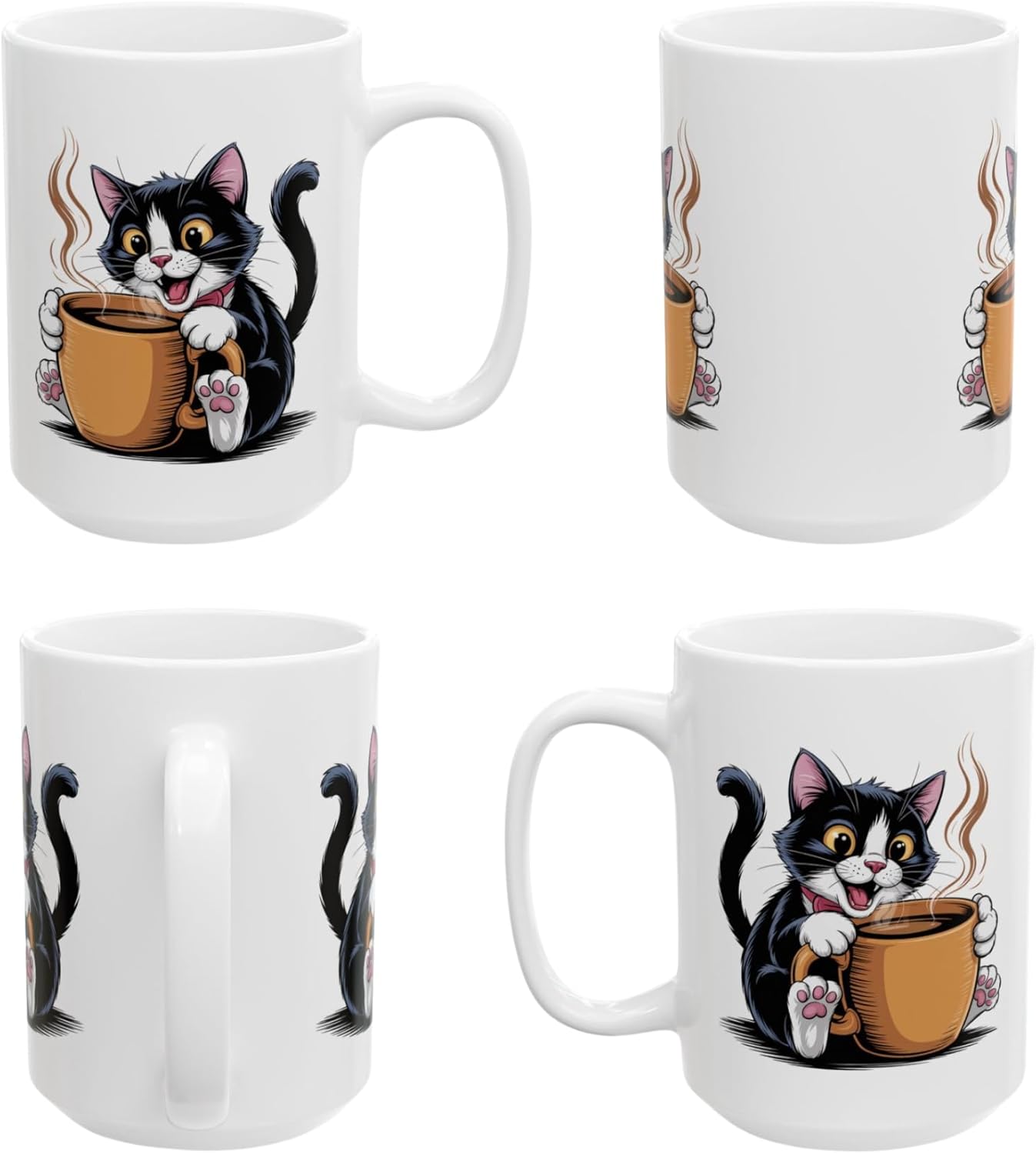 Cute Cat Coffee Mug 15oz Ceramic – Cartoon Tuxedo Kitten Design – Cat Lover Gift