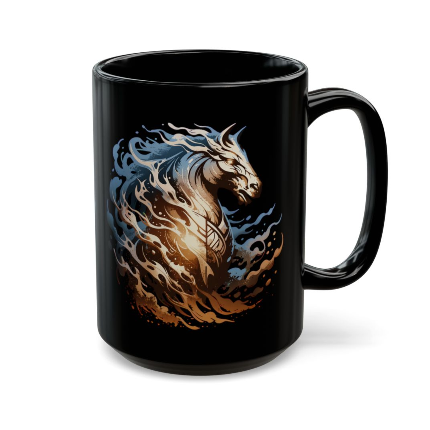 Horse Coffee Mug Flame Mane Design Black Ceramic 15oz Western Fantasy Gift by Lair Gadgets
