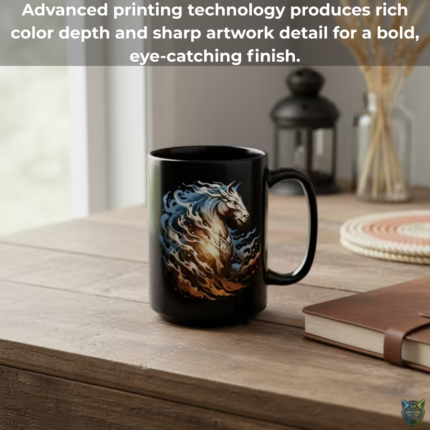 Horse Coffee Mug Flame Mane Design Black Ceramic 15oz Western Fantasy Gift by Lair Gadgets