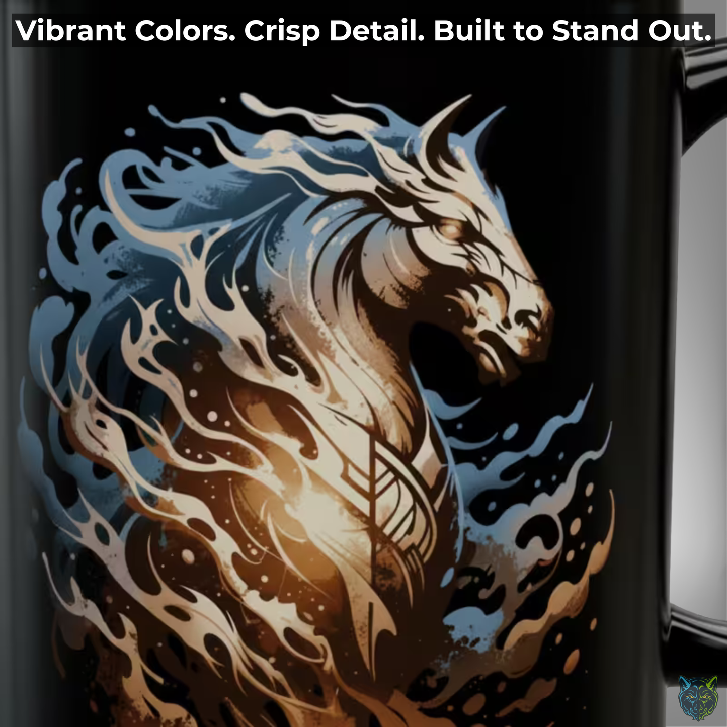 Horse Coffee Mug Flame Mane Design Black Ceramic 15oz Western Fantasy Gift by Lair Gadgets
