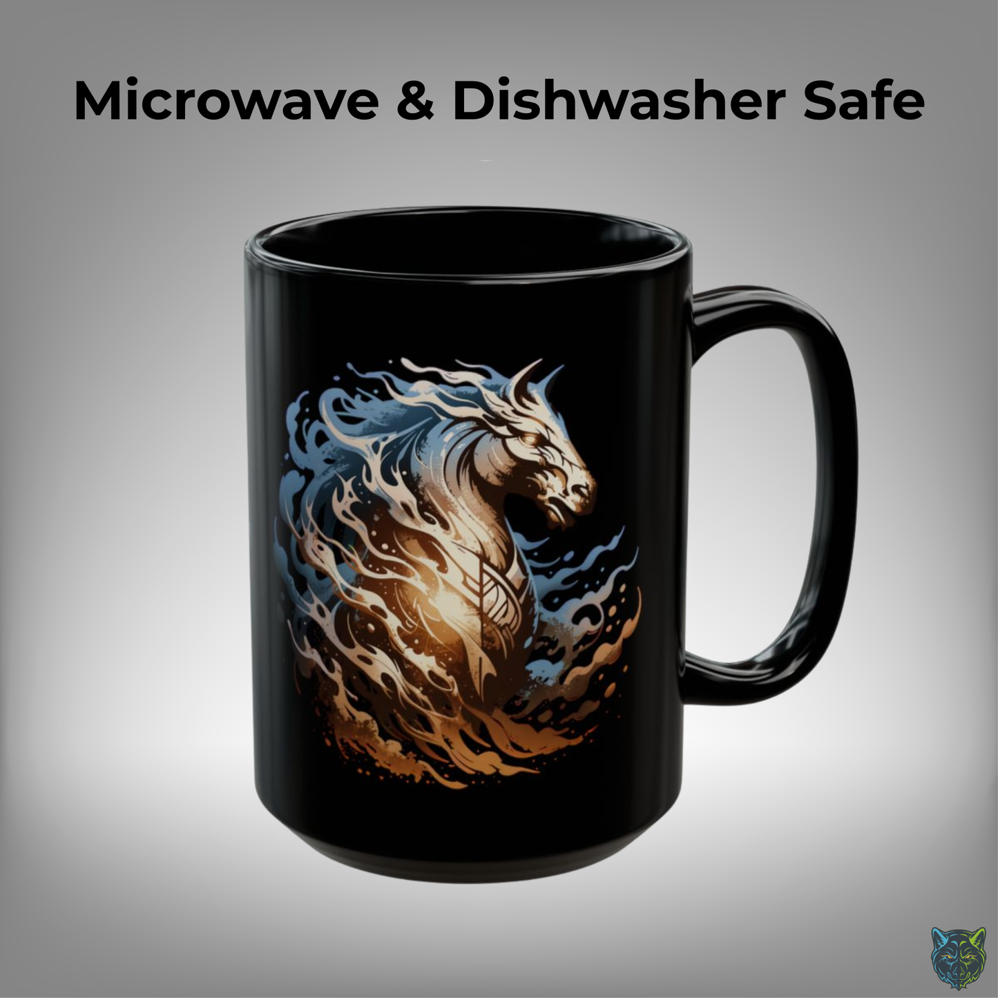 Horse Coffee Mug Flame Mane Design Black Ceramic 15oz Western Fantasy Gift by Lair Gadgets