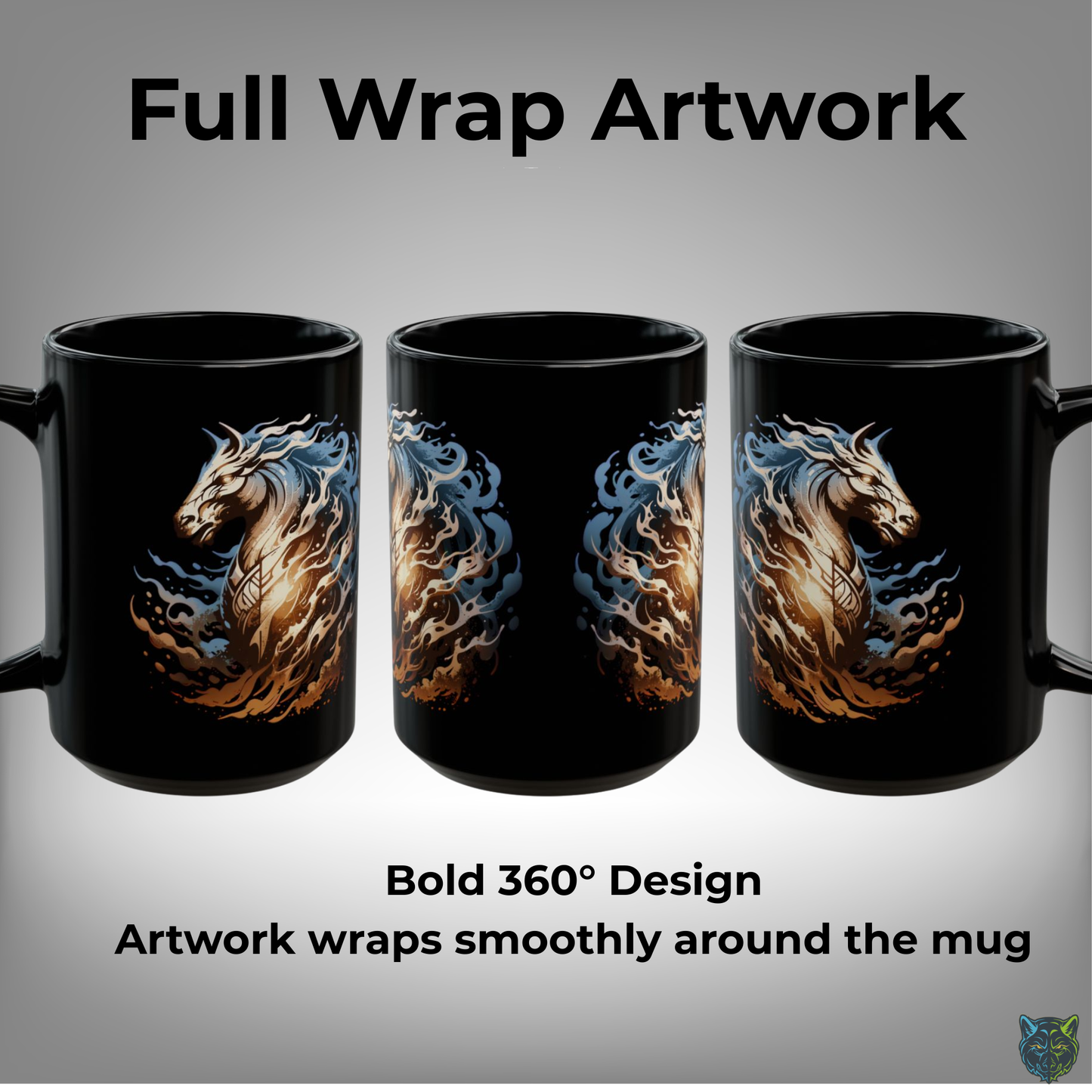 Horse Coffee Mug Flame Mane Design Black Ceramic 15oz Western Fantasy Gift by Lair Gadgets