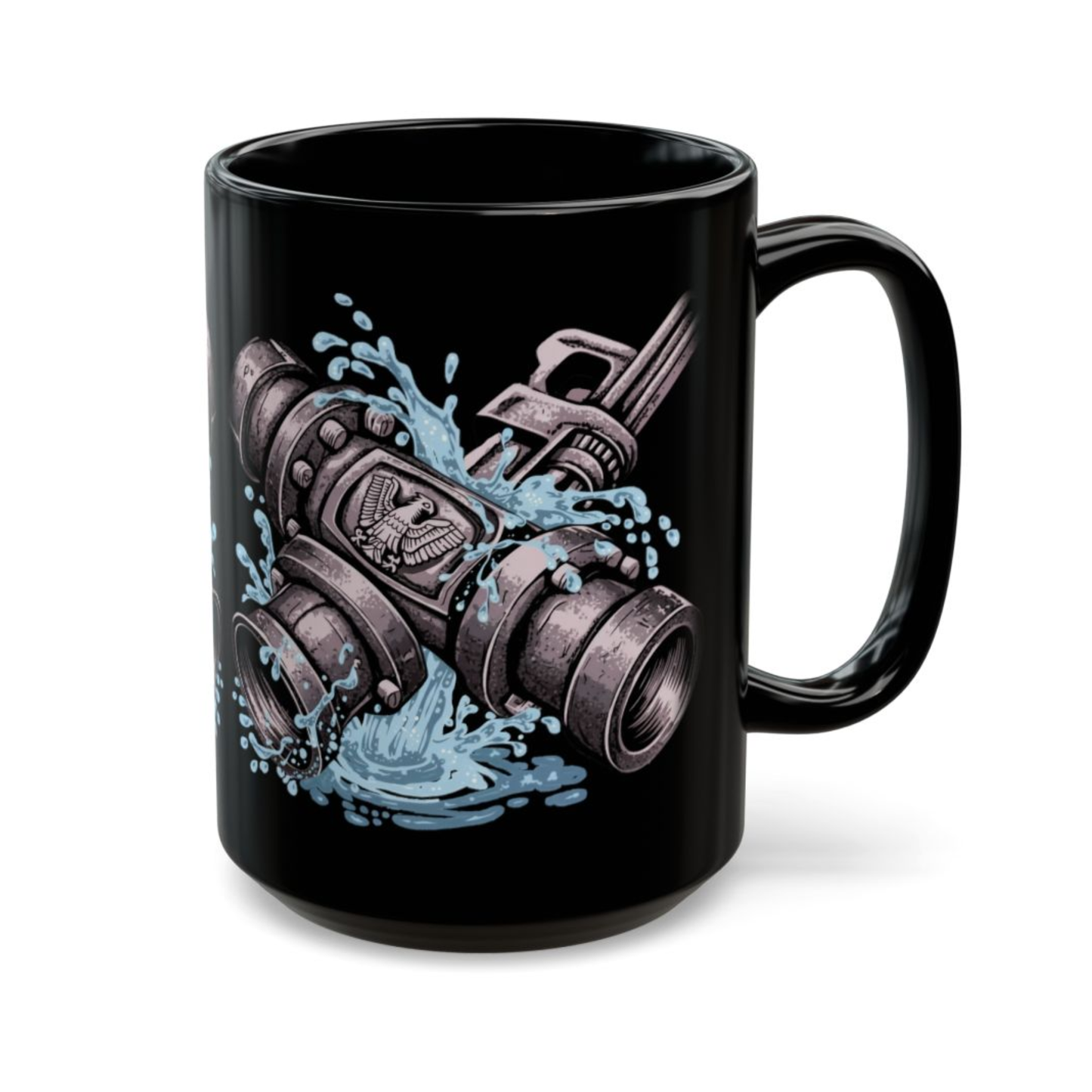 Plumber Coffee Mug Industrial Pipe Wrench Water Splash Design Black Ceramic 15oz Work Gift by Lair Gadgets