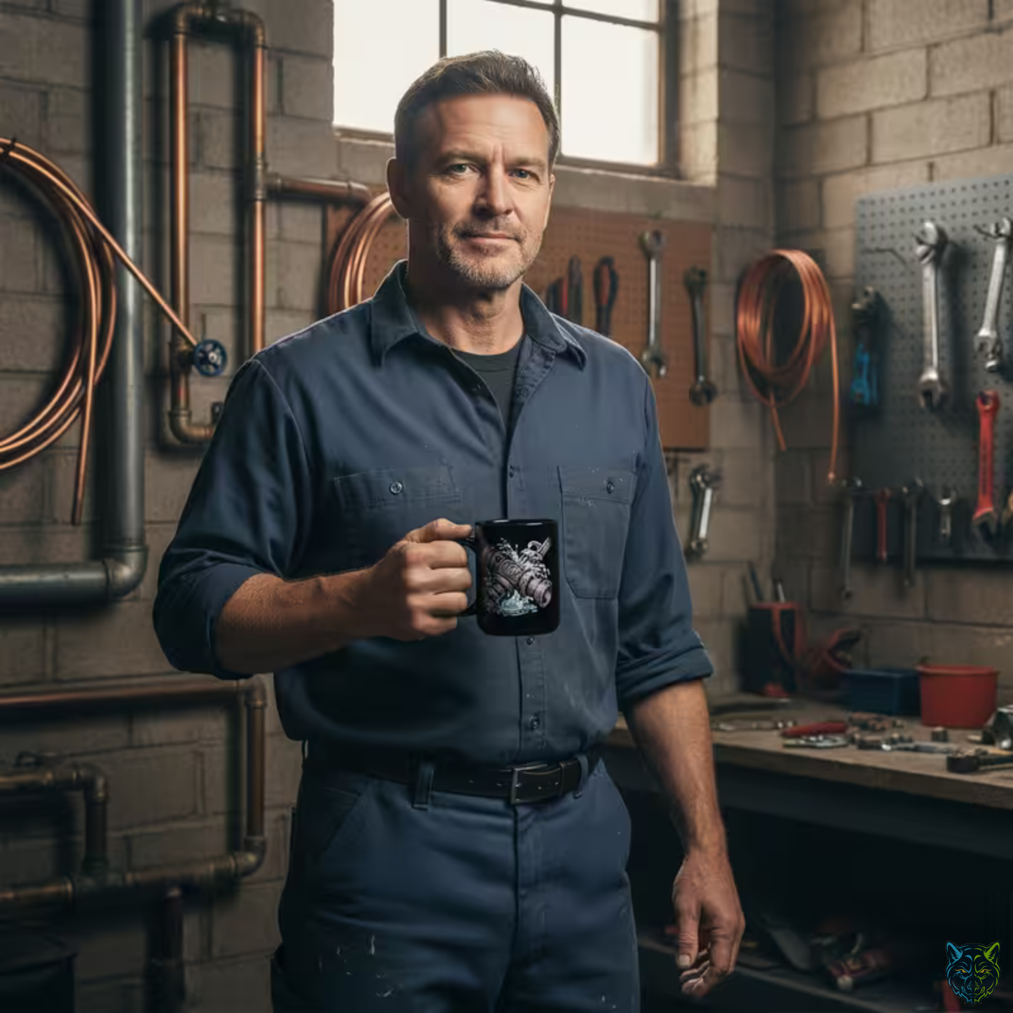 Plumber Coffee Mug Industrial Pipe Wrench Water Splash Design Black Ceramic 15oz Work Gift by Lair Gadgets