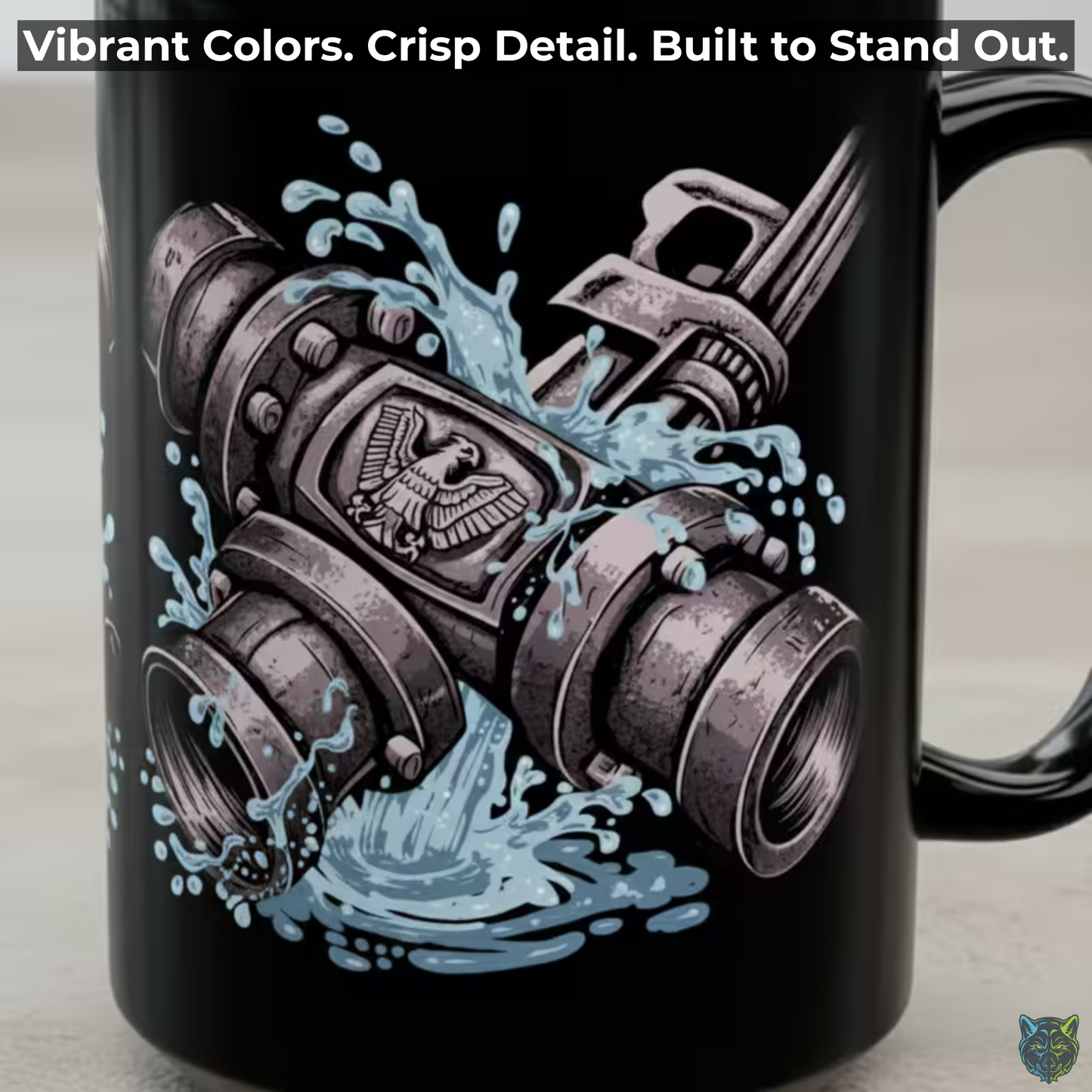 Plumber Coffee Mug Industrial Pipe Wrench Water Splash Design Black Ceramic 15oz Work Gift by Lair Gadgets
