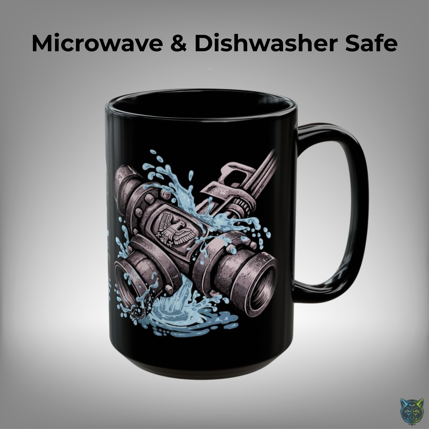 Plumber Coffee Mug Industrial Pipe Wrench Water Splash Design Black Ceramic 15oz Work Gift by Lair Gadgets