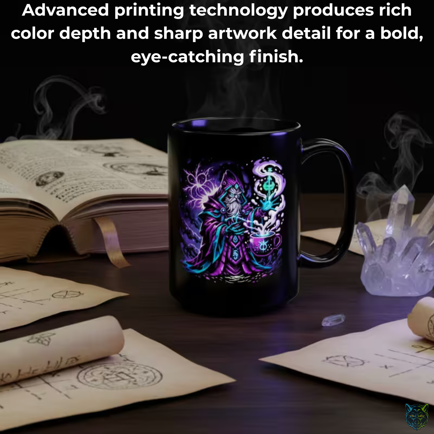 Wizard Coffee Mug Magic Spellcaster Design Black Ceramic 15oz Fantasy Gift by Lair Gadgets