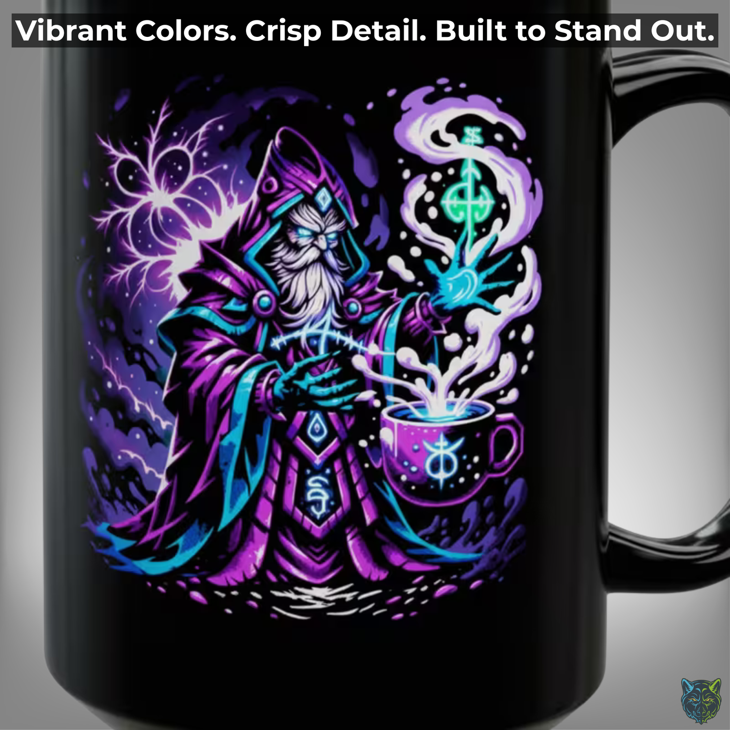 Wizard Coffee Mug Magic Spellcaster Design Black Ceramic 15oz Fantasy Gift by Lair Gadgets