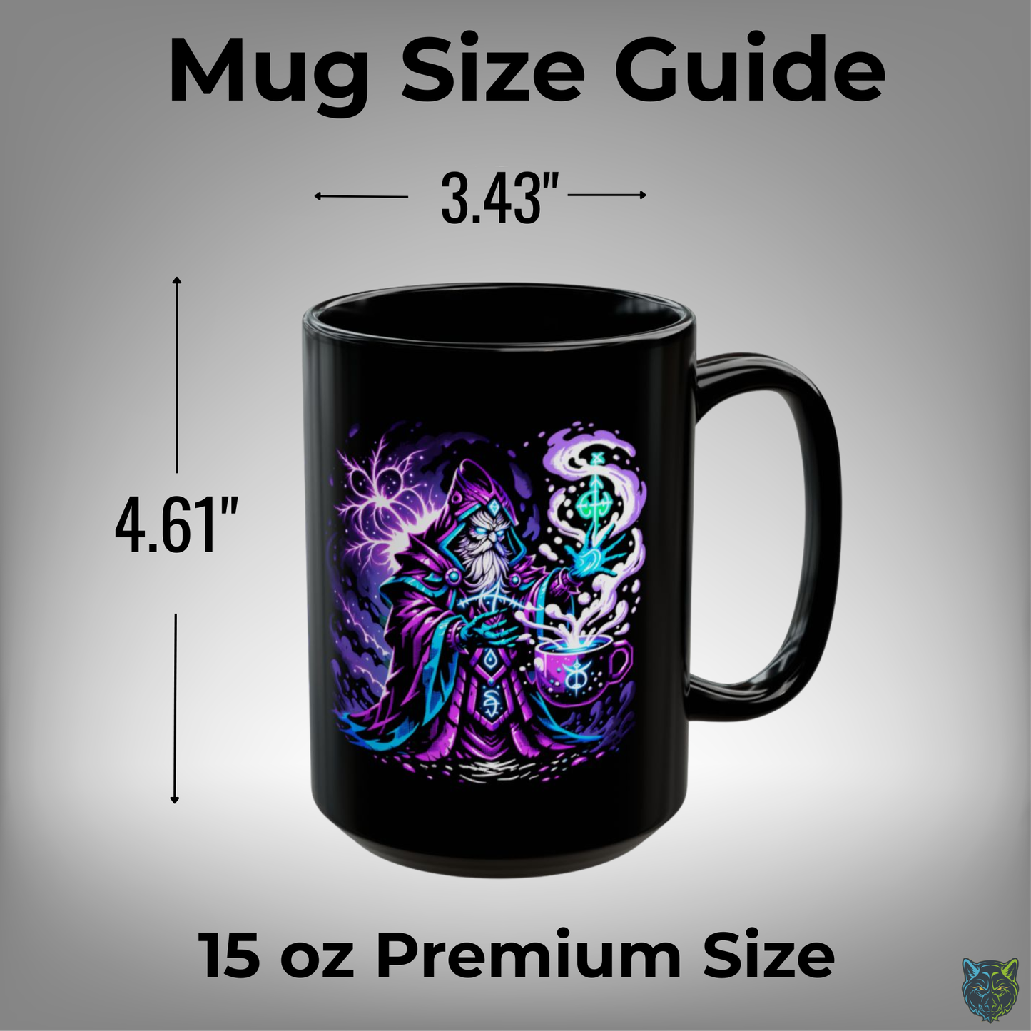 Wizard Coffee Mug Magic Spellcaster Design Black Ceramic 15oz Fantasy Gift by Lair Gadgets