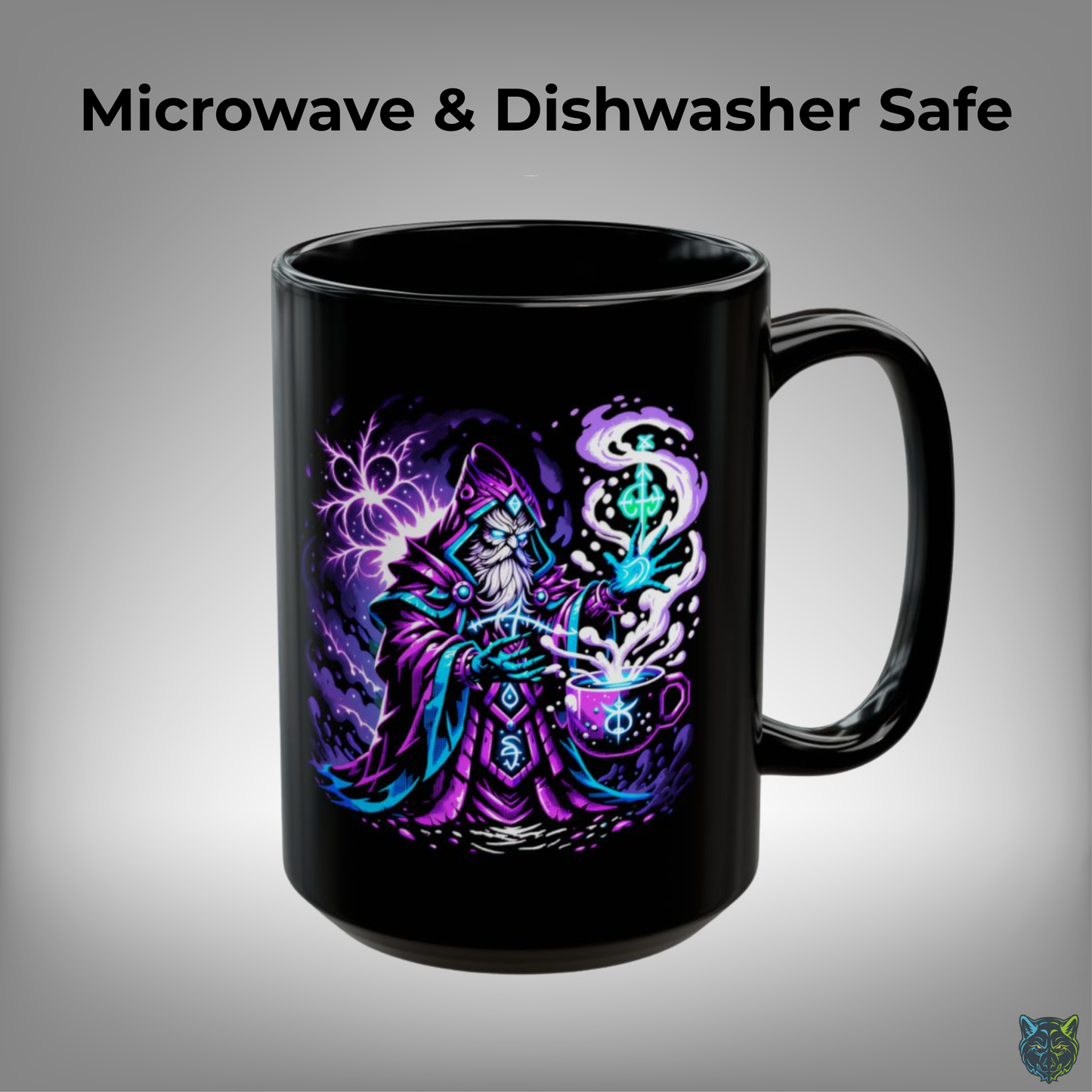 Wizard Coffee Mug Magic Spellcaster Design Black Ceramic 15oz Fantasy Gift by Lair Gadgets