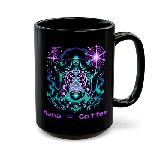 Gamer Coffee Mug Mana Equals Coffee Wizard Design Black Ceramic 15oz Fantasy Gaming Gift by Lair Gadgets