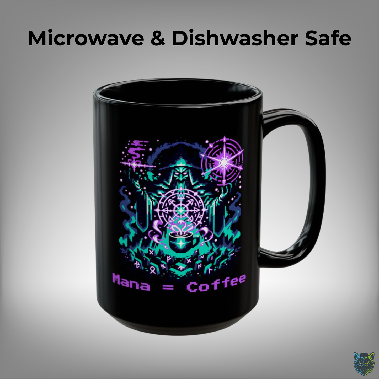 Gamer Coffee Mug Mana Equals Coffee Wizard Design Black Ceramic 15oz Fantasy Gaming Gift by Lair Gadgets