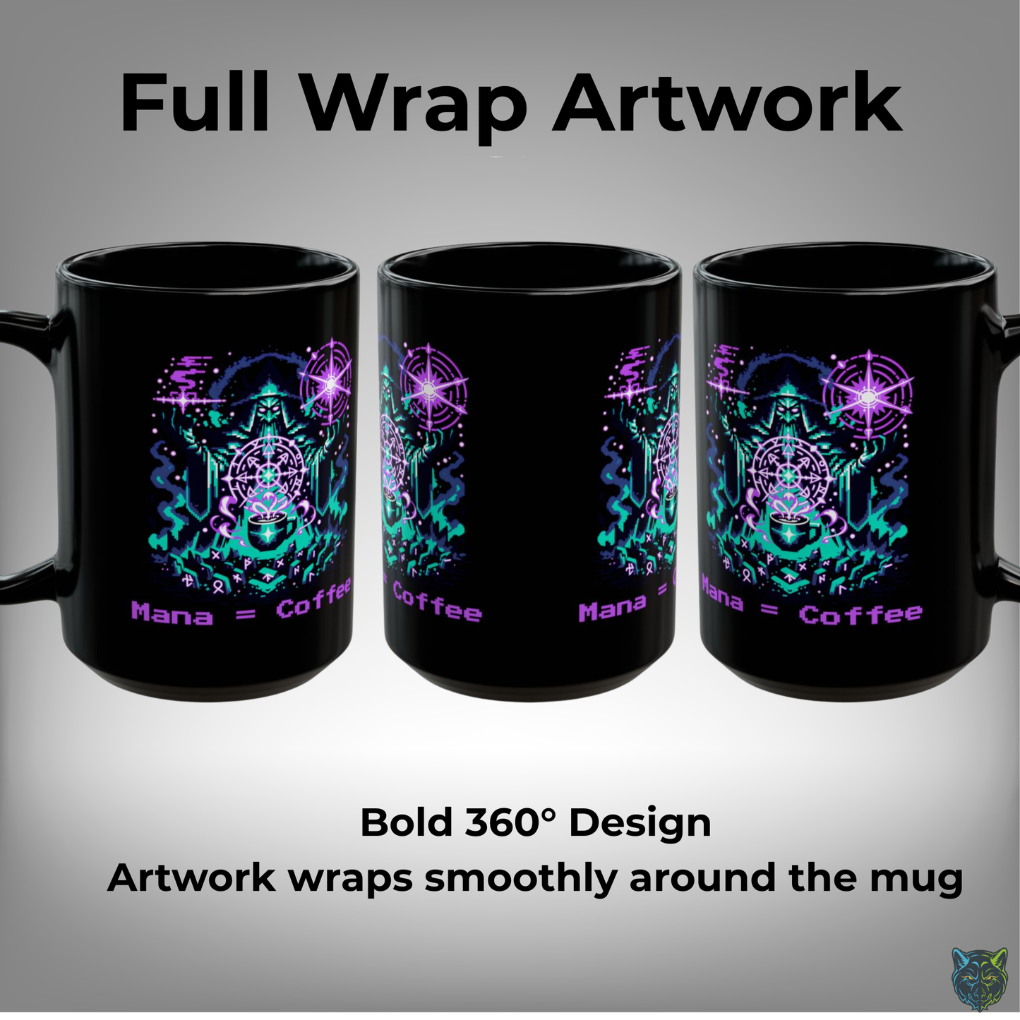 Gamer Coffee Mug Mana Equals Coffee Wizard Design Black Ceramic 15oz Fantasy Gaming Gift by Lair Gadgets