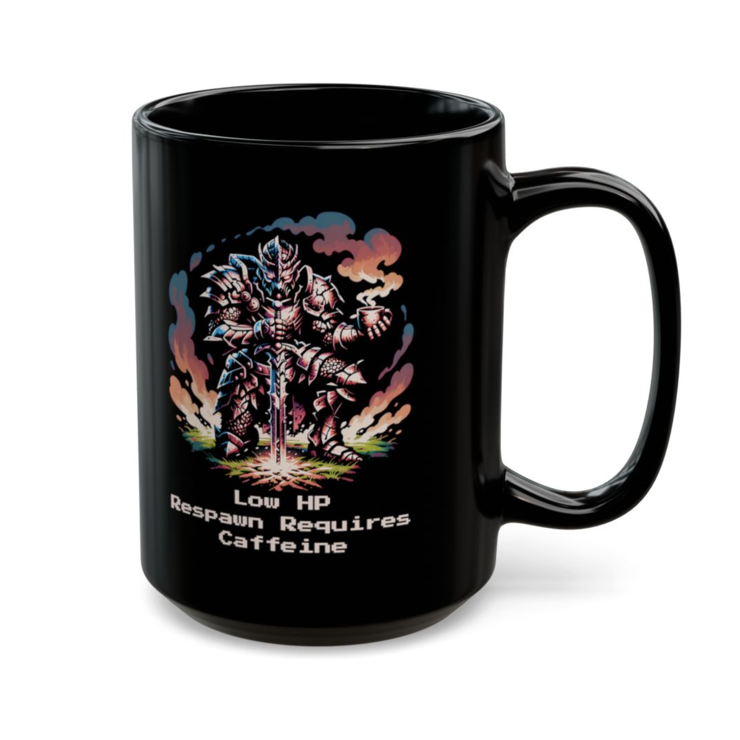 Gaming Coffee Mug Low HP Respawn Requires Caffeine Knight Design Black Ceramic 15oz Gamer Gift by Lair Gadgets