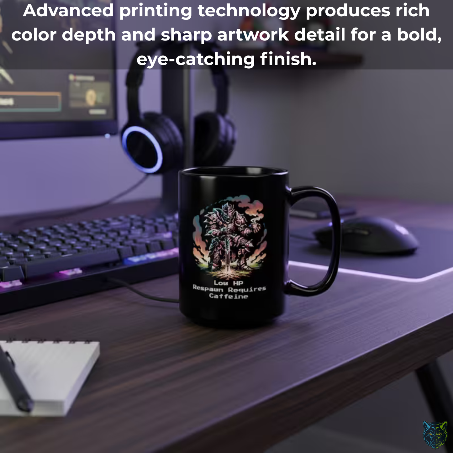 Gaming Coffee Mug Low HP Respawn Requires Caffeine Knight Design Black Ceramic 15oz Gamer Gift by Lair Gadgets