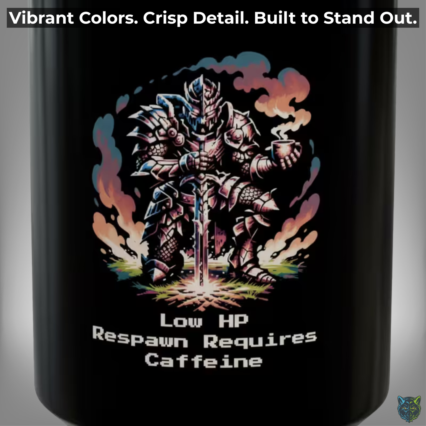Gaming Coffee Mug Low HP Respawn Requires Caffeine Knight Design Black Ceramic 15oz Gamer Gift by Lair Gadgets