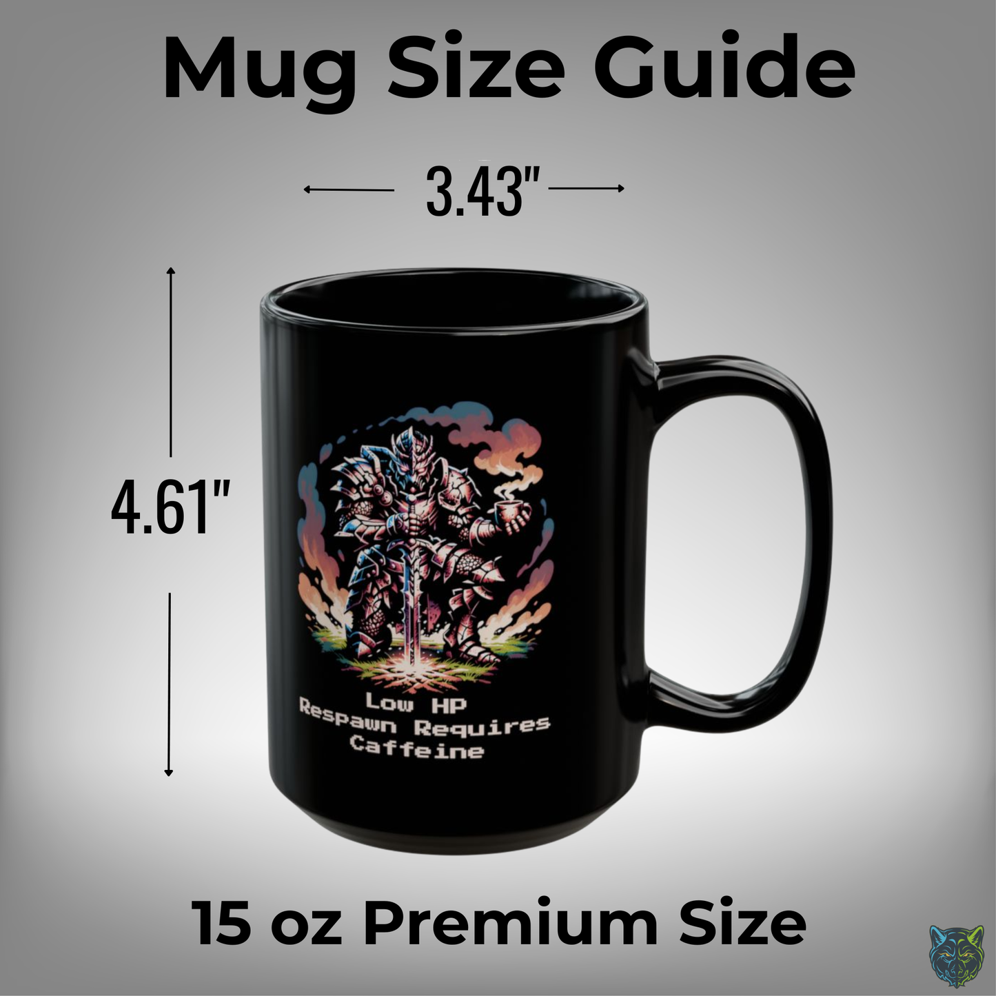 Gaming Coffee Mug Low HP Respawn Requires Caffeine Knight Design Black Ceramic 15oz Gamer Gift by Lair Gadgets